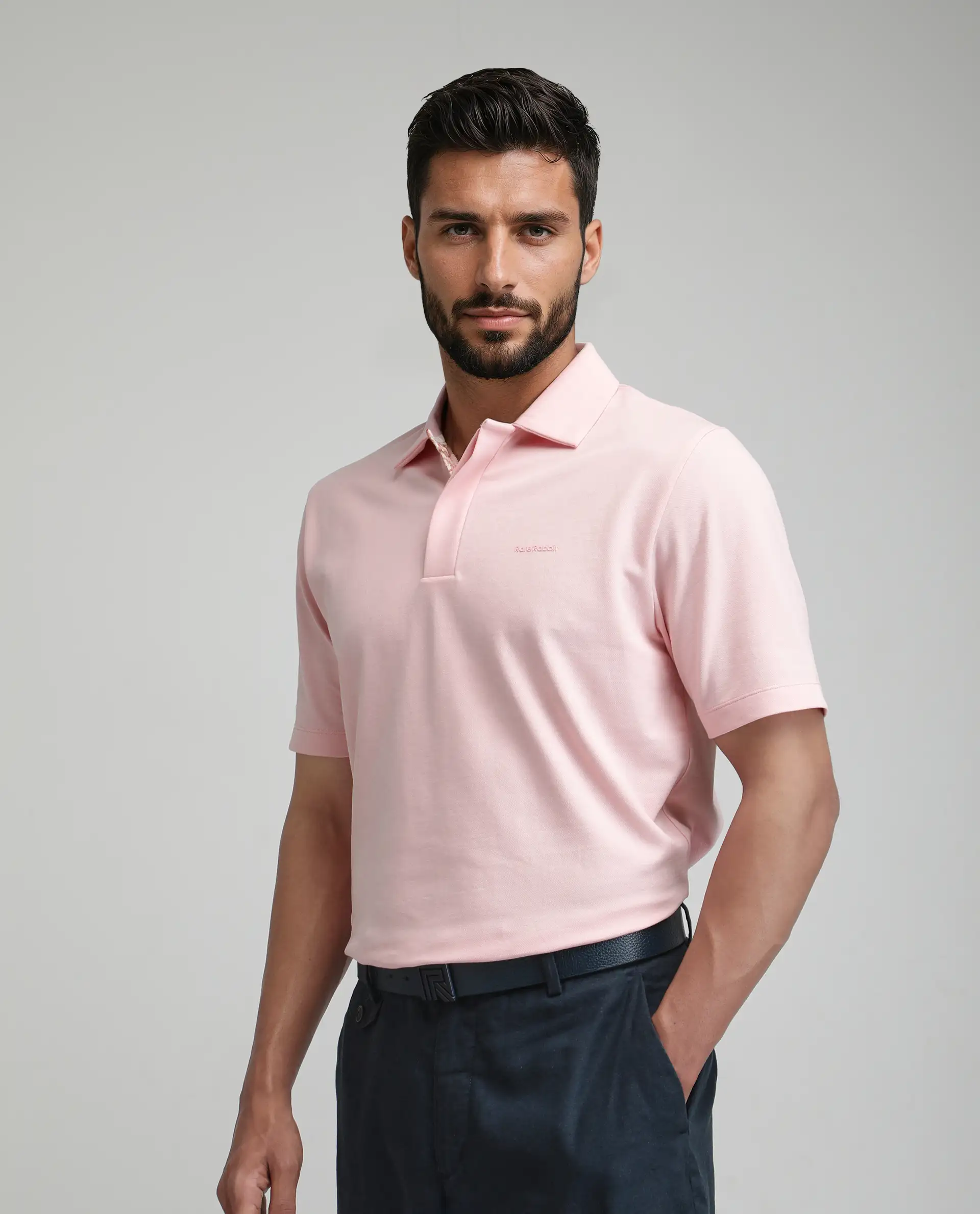 Rare Rabbit Men's Zeni-A25 Light Pink Cotton Blend Plain Regular Fit Half Sleeve Polo - Image 2