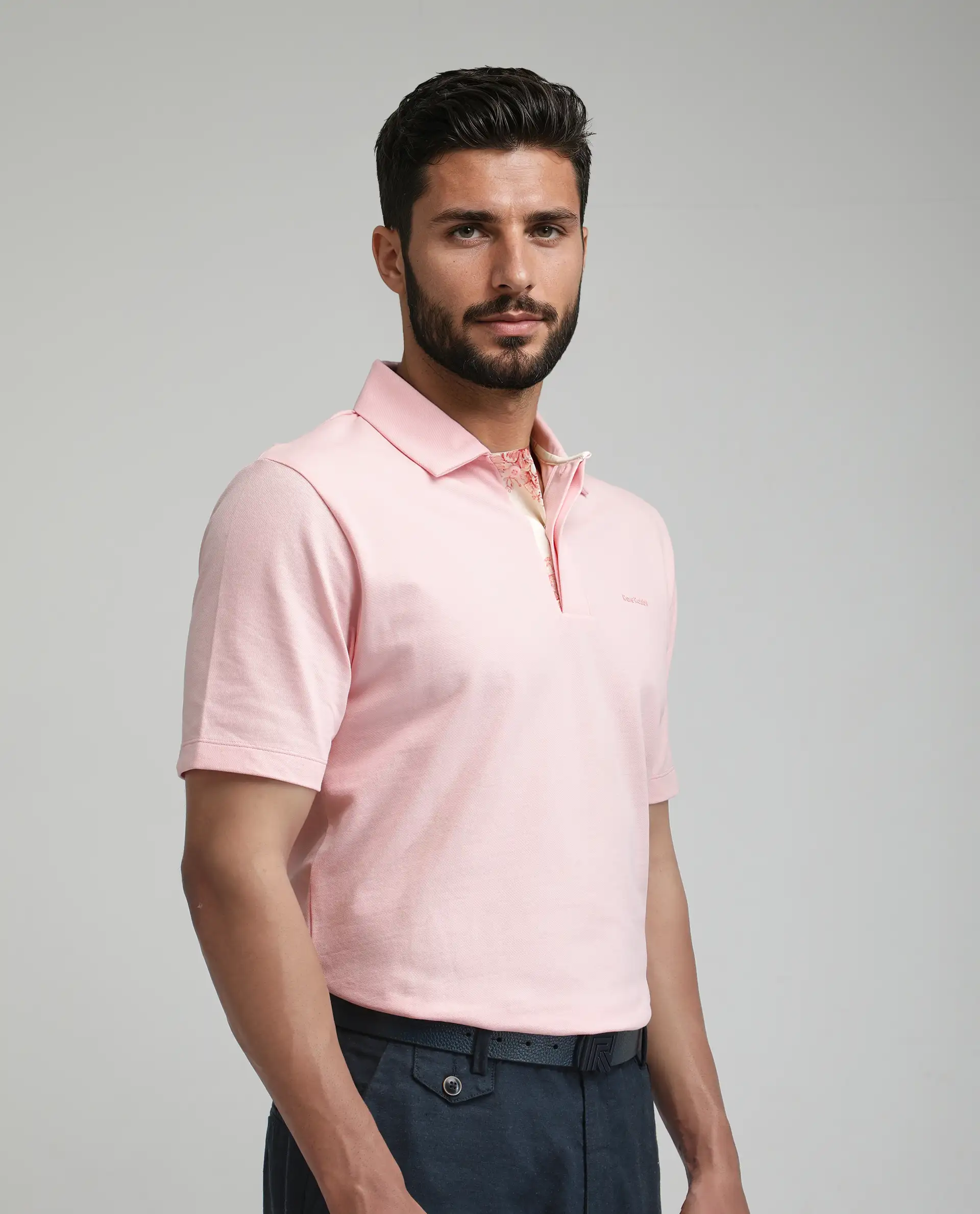 Rare Rabbit Men's Zeni-A25 Light Pink Cotton Blend Plain Regular Fit Half Sleeve Polo - Image 3