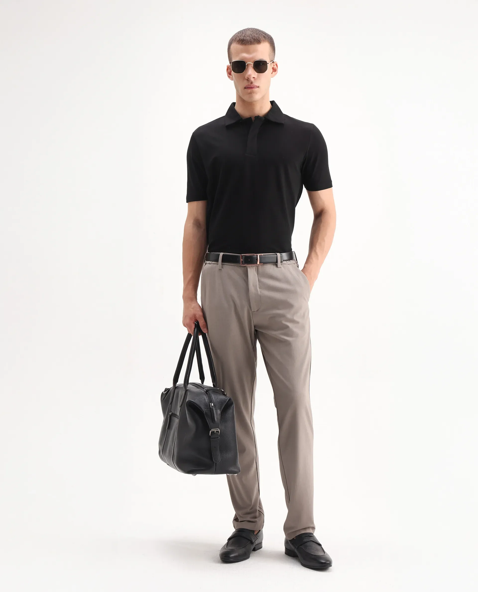 Rare Rabbit Men's Zeni Black Cotton Blend Plain Regular Fit Half Sleeve Polo - Image 2