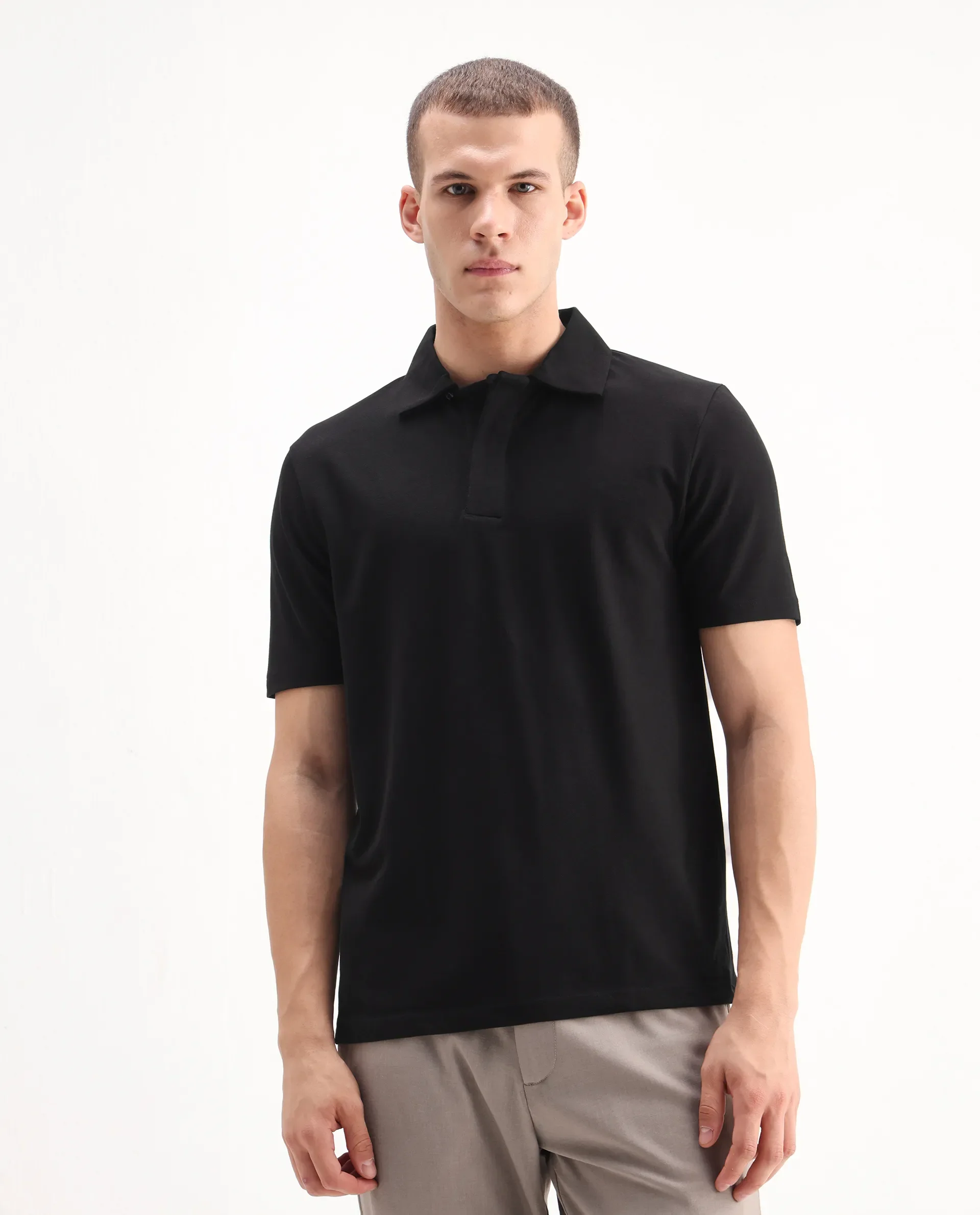 Rare Rabbit Men's Zeni Black Cotton Blend Plain Regular Fit Half Sleeve Polo - Image 3