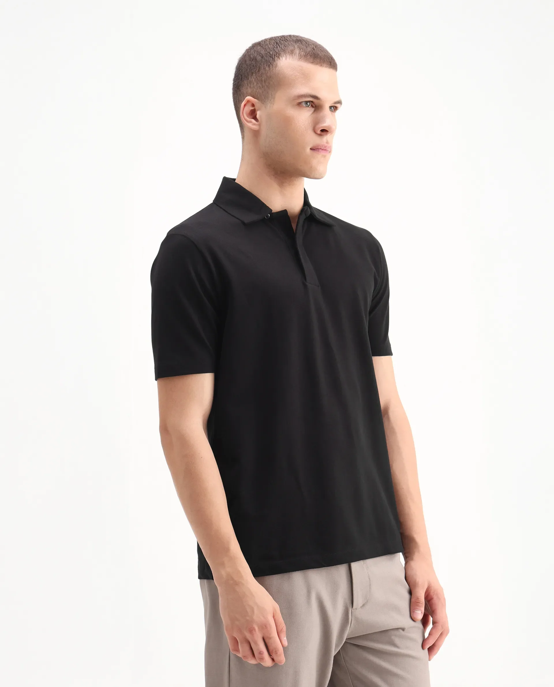 Rare Rabbit Men's Zeni Black Cotton Blend Plain Regular Fit Half Sleeve Polo - Image 5