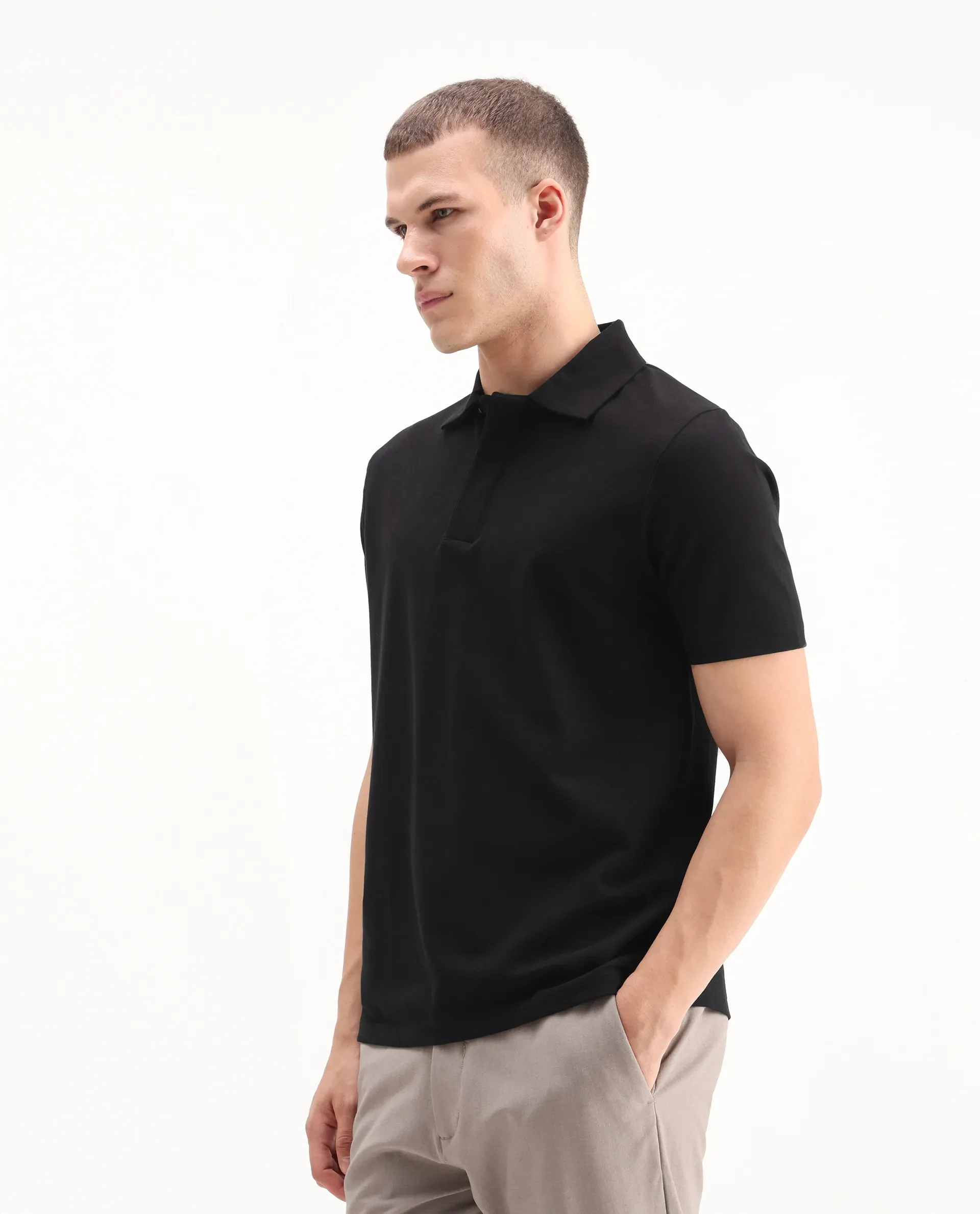 Rare Rabbit Men's Zeni Black Cotton Blend Plain Regular Fit Half Sleeve Polo - Image 6