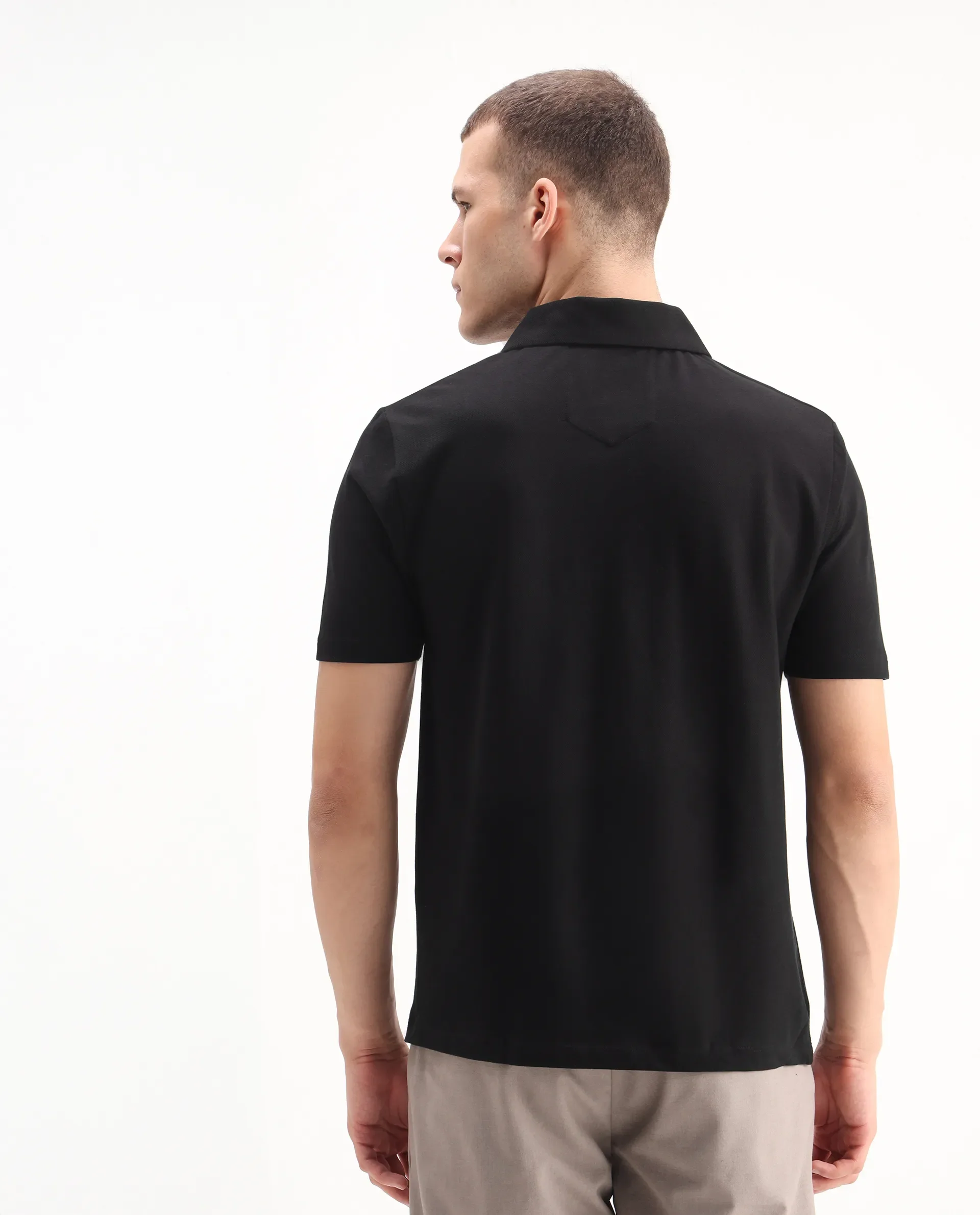 Rare Rabbit Men's Zeni Black Cotton Blend Plain Regular Fit Half Sleeve Polo - Image 7