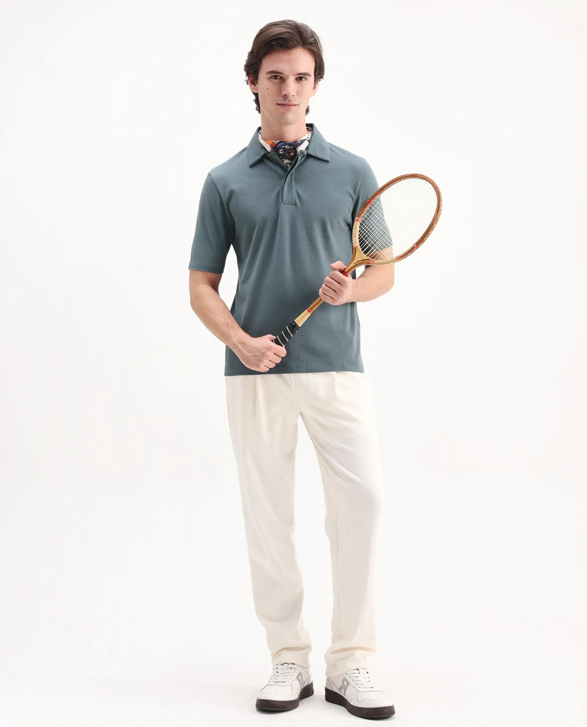 Rare Rabbit Men's Zeni Dusky Green Cotton Blend Plain Regular Fit Half Sleeve Polo - Image 2