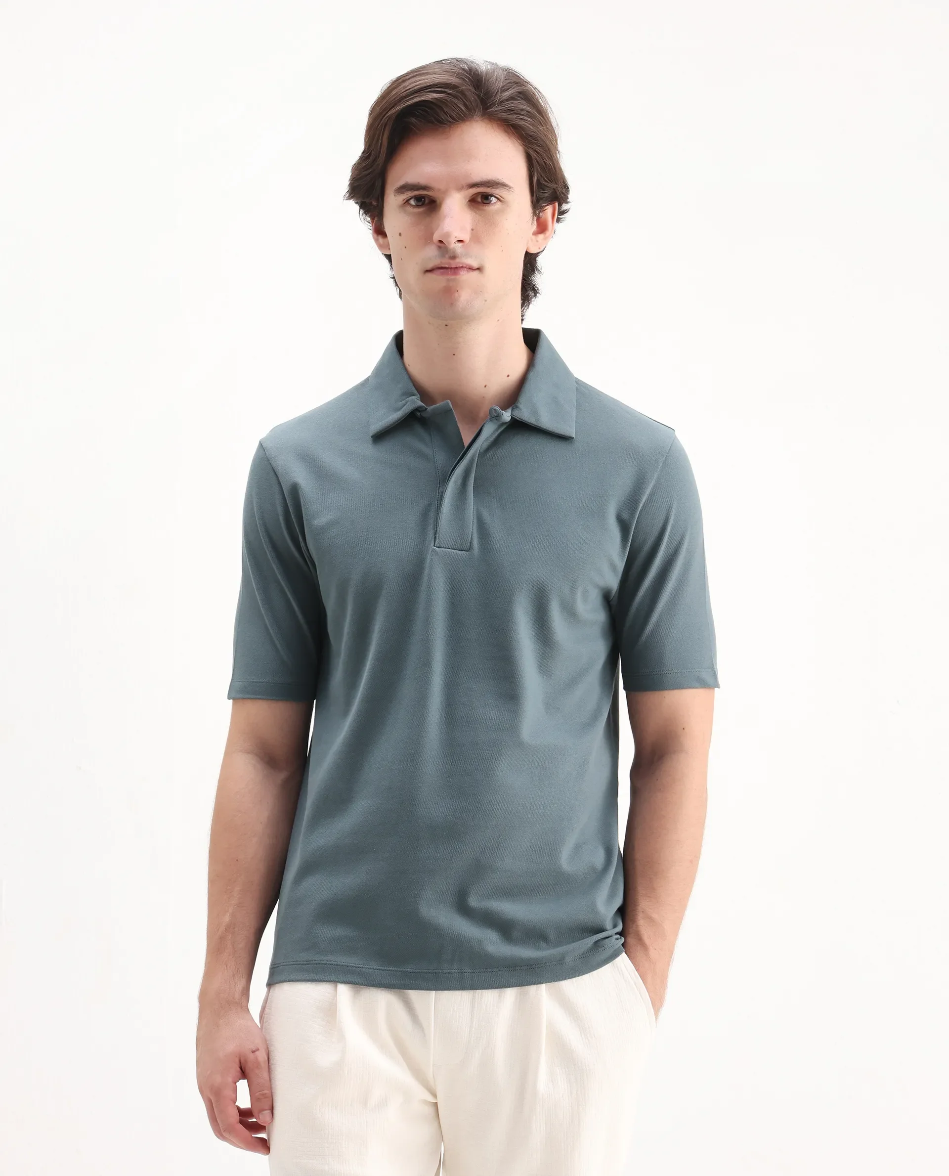 Rare Rabbit Men's Zeni Dusky Green Cotton Blend Plain Regular Fit Half Sleeve Polo - Image 4