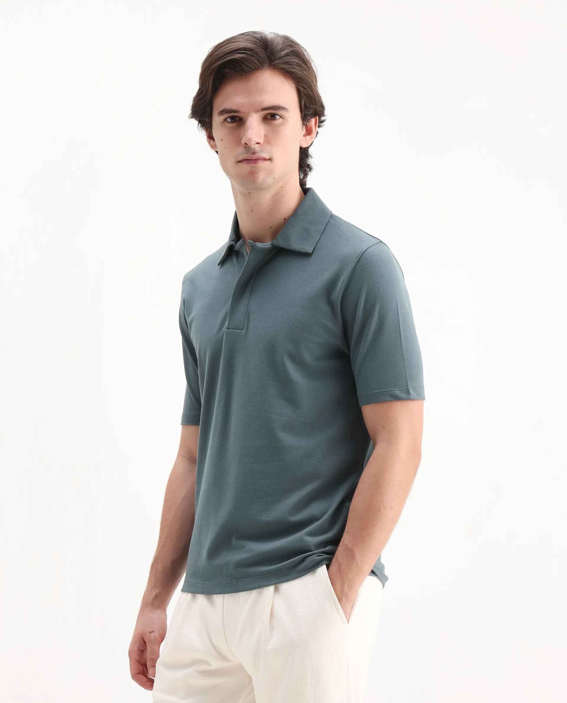 Rare Rabbit Men's Zeni Dusky Green Cotton Blend Plain Regular Fit Half Sleeve Polo - Image 5