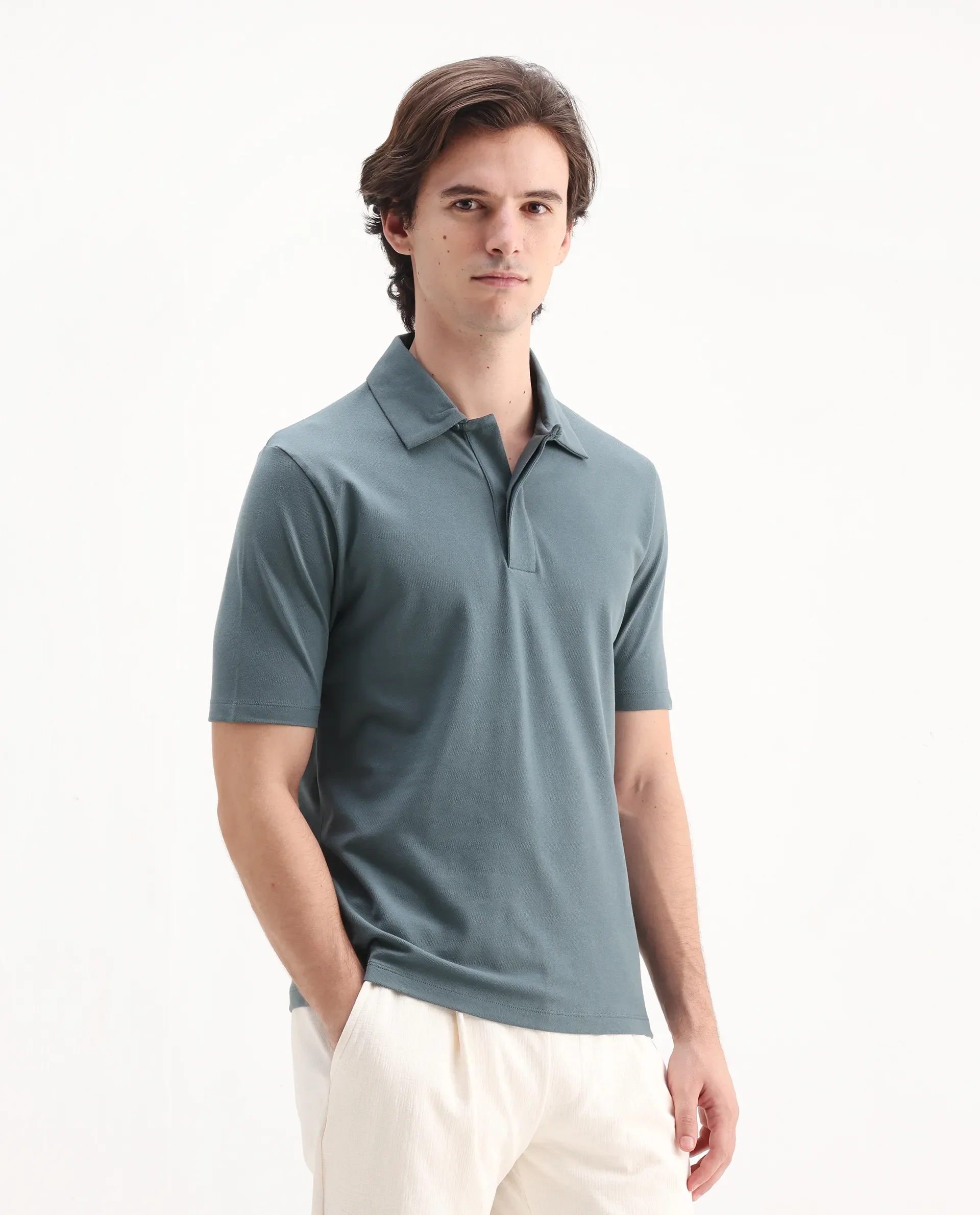 Rare Rabbit Men's Zeni Dusky Green Cotton Blend Plain Regular Fit Half Sleeve Polo - Image 6