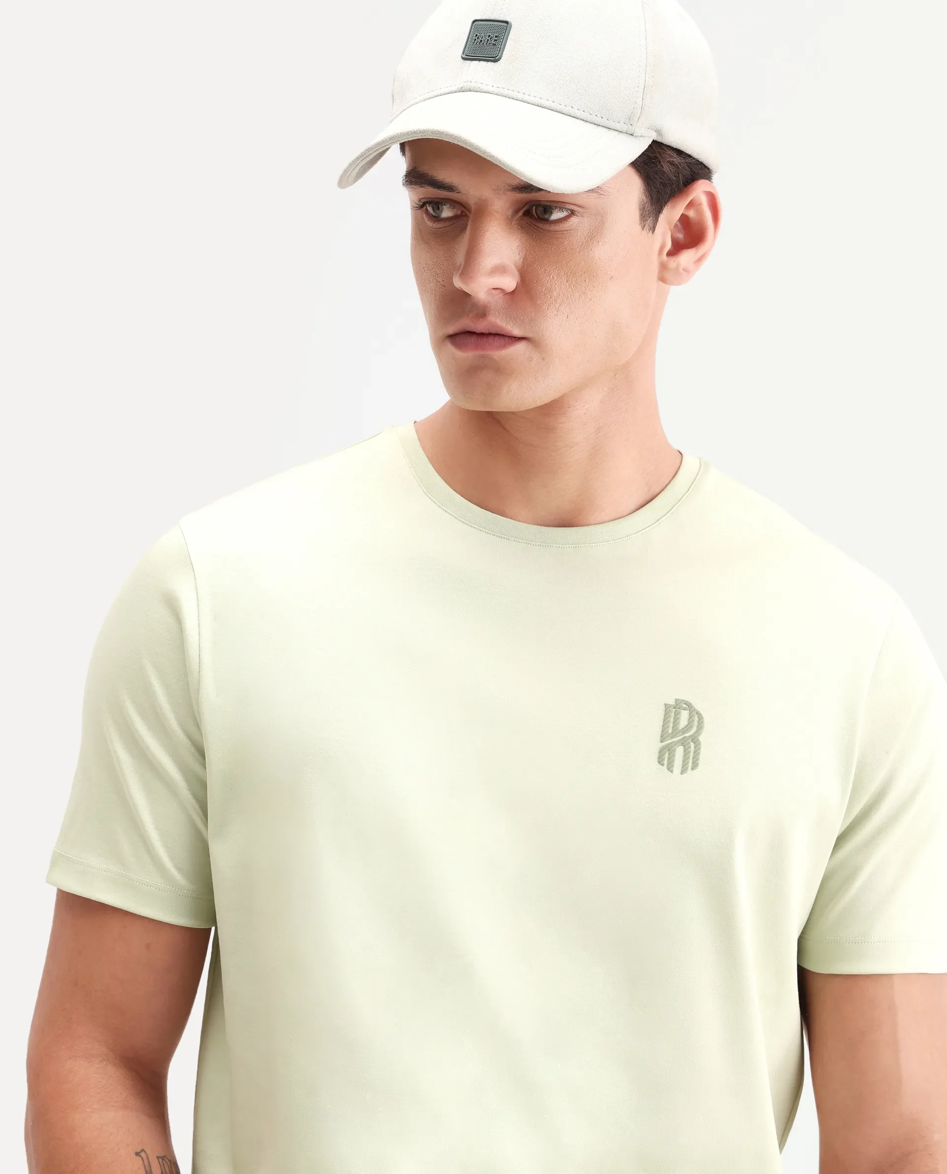 Rare Rabbit Men's Zenim Flouroscent Green Cotton Fabric Half Sleeve Crew Neck Regular Fit Plain T-Shirt