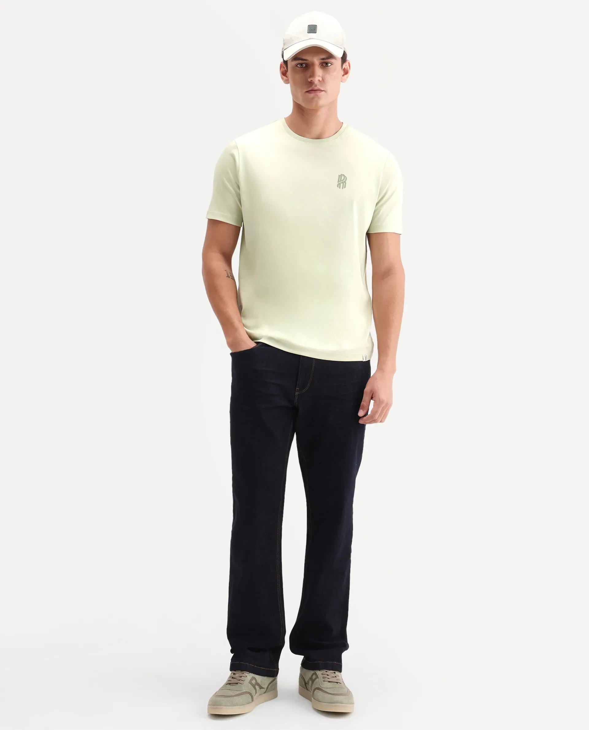 Rare Rabbit Men's Zenim Flouroscent Green Cotton Fabric Half Sleeve Crew Neck Regular Fit Plain T-Shirt - Image 2