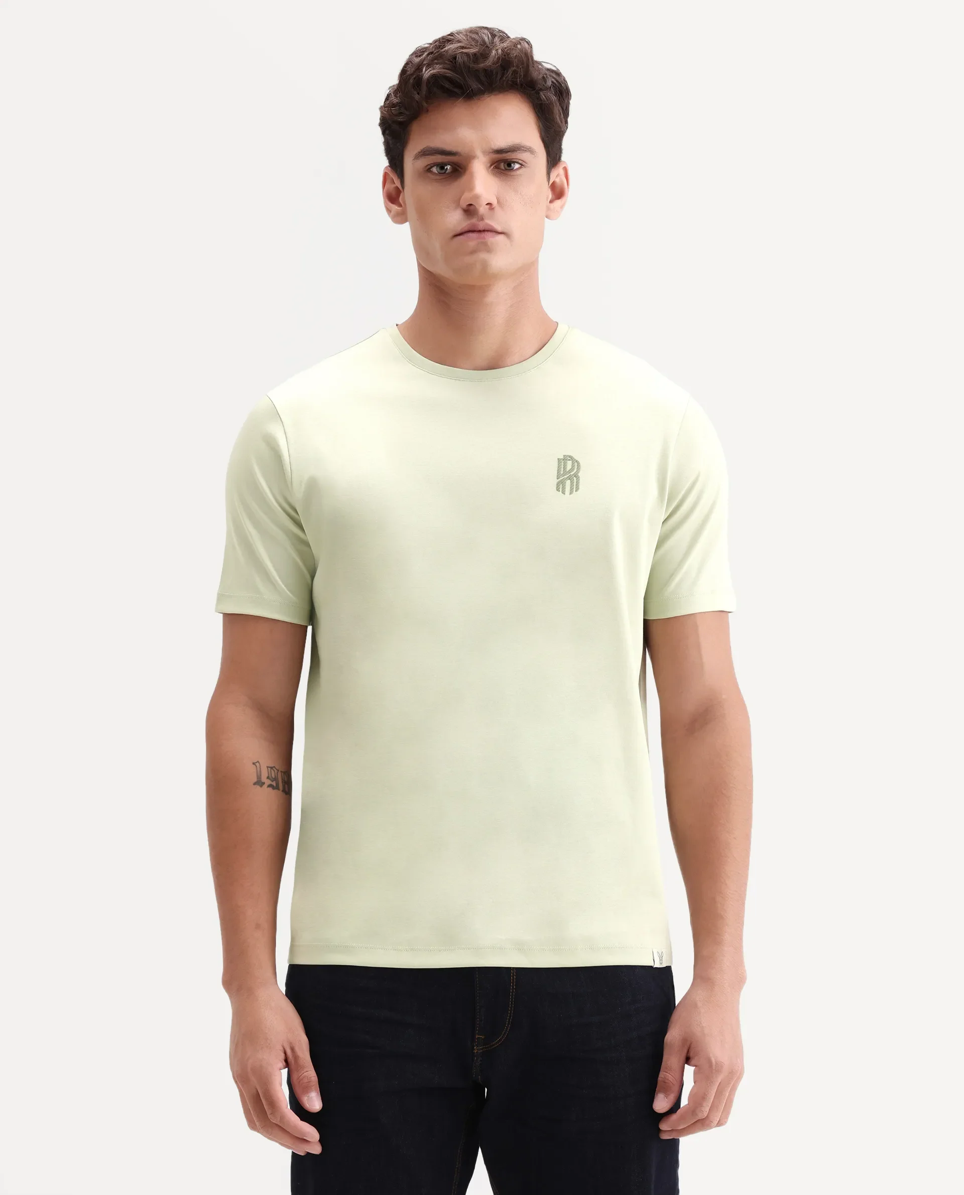 Rare Rabbit Men's Zenim Flouroscent Green Cotton Fabric Half Sleeve Crew Neck Regular Fit Plain T-Shirt - Image 4