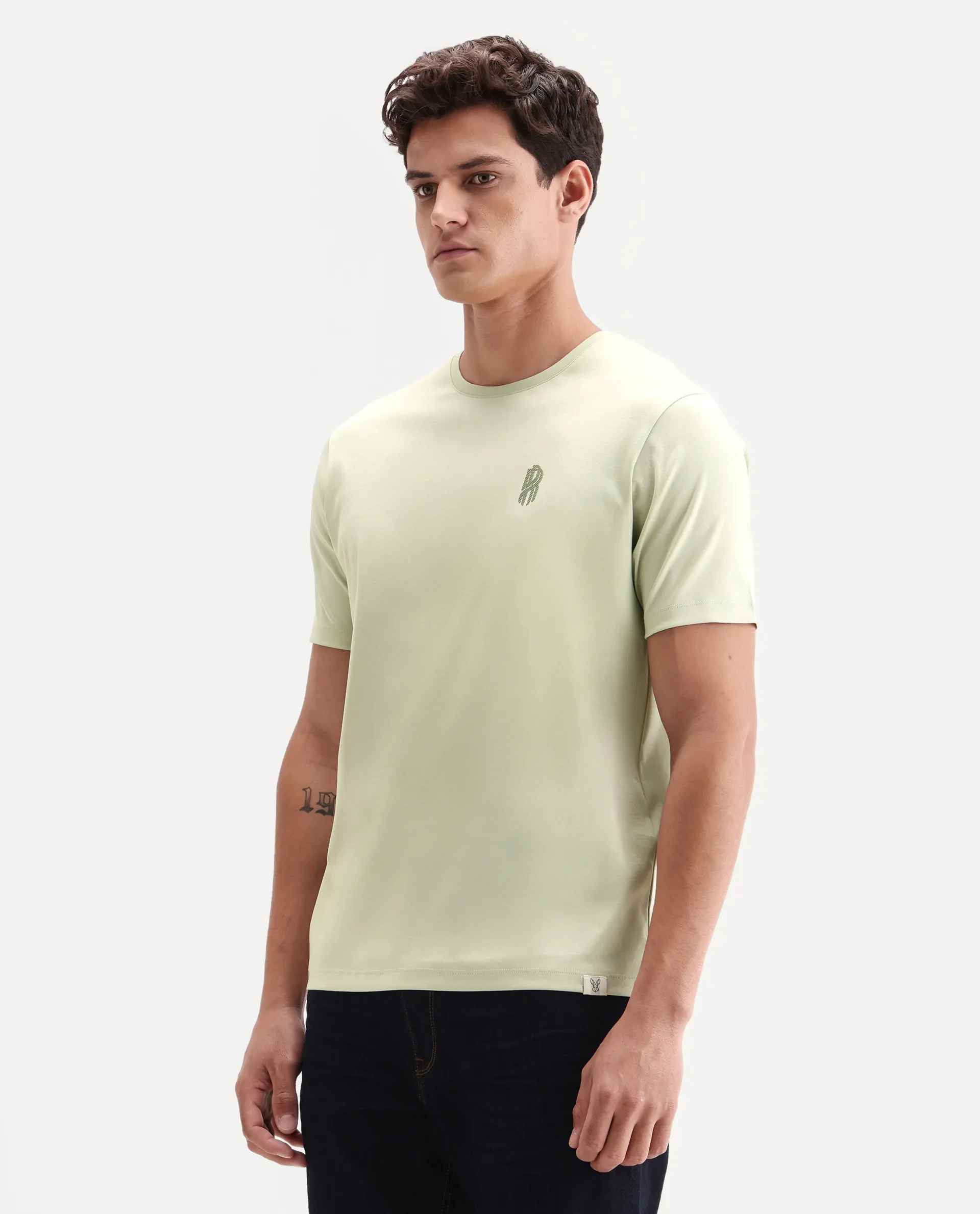 Rare Rabbit Men's Zenim Flouroscent Green Cotton Fabric Half Sleeve Crew Neck Regular Fit Plain T-Shirt - Image 5