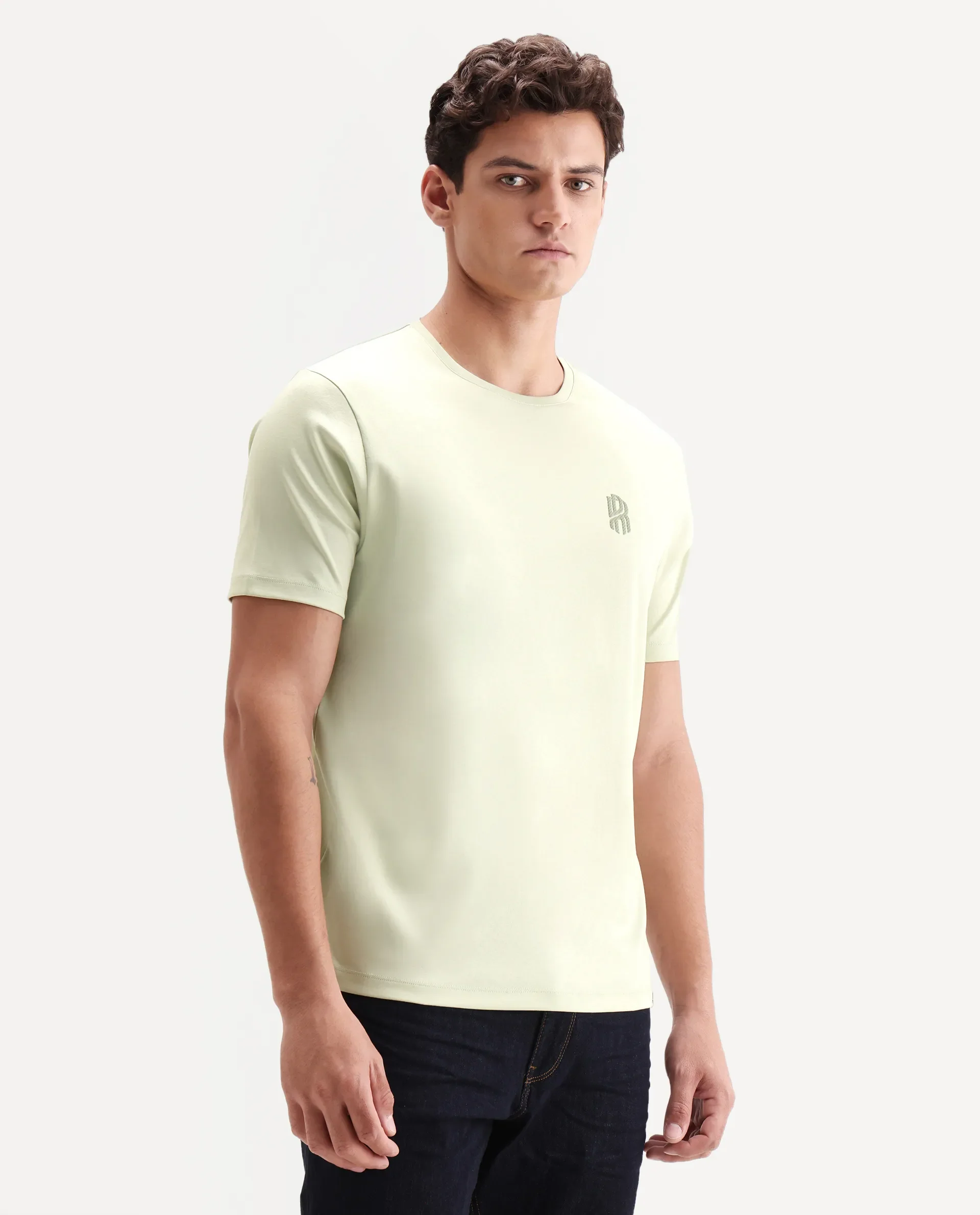 Rare Rabbit Men's Zenim Flouroscent Green Cotton Fabric Half Sleeve Crew Neck Regular Fit Plain T-Shirt - Image 6
