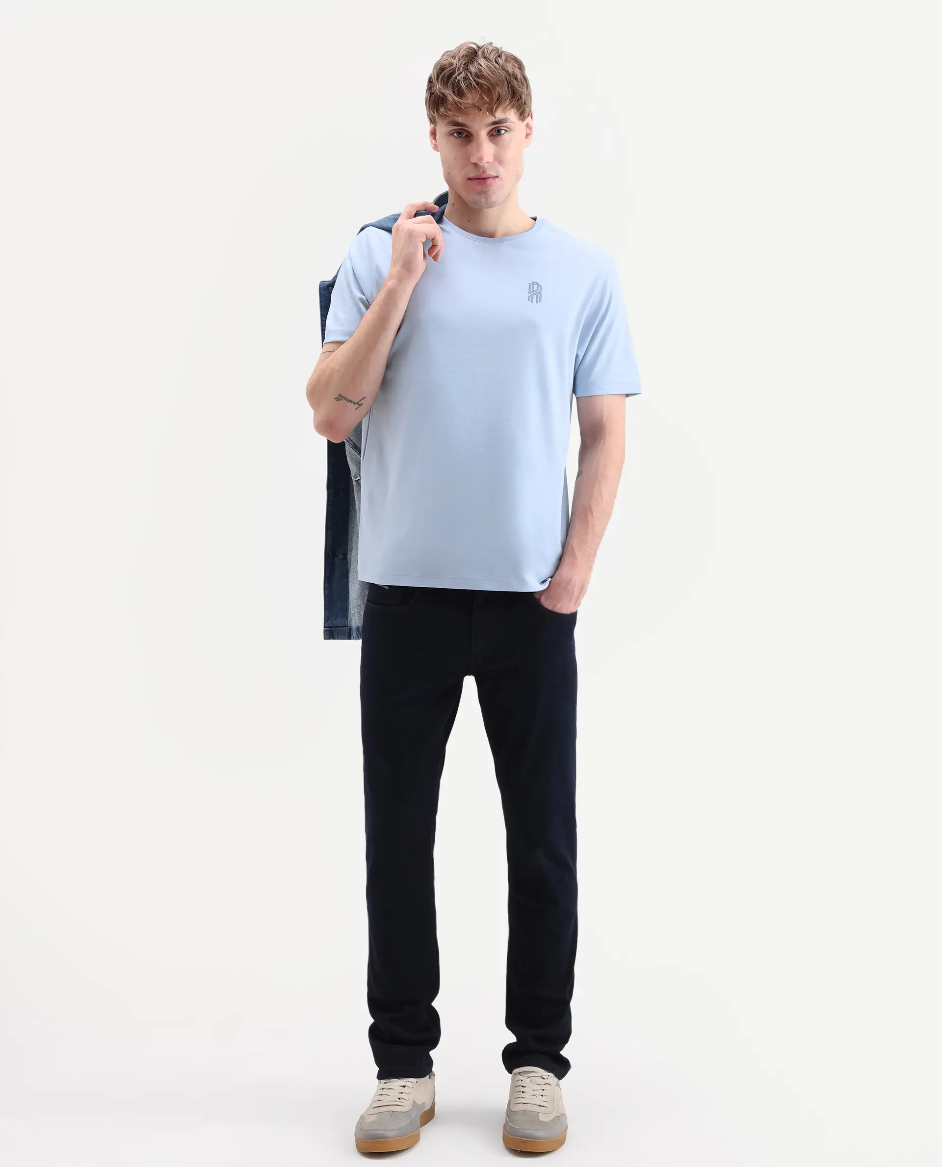 Rare Rabbit Men's Zenim Pastel Blue Cotton Fabric Half Sleeve Crew Neck Regular Fit Plain T-Shirt - Image 2