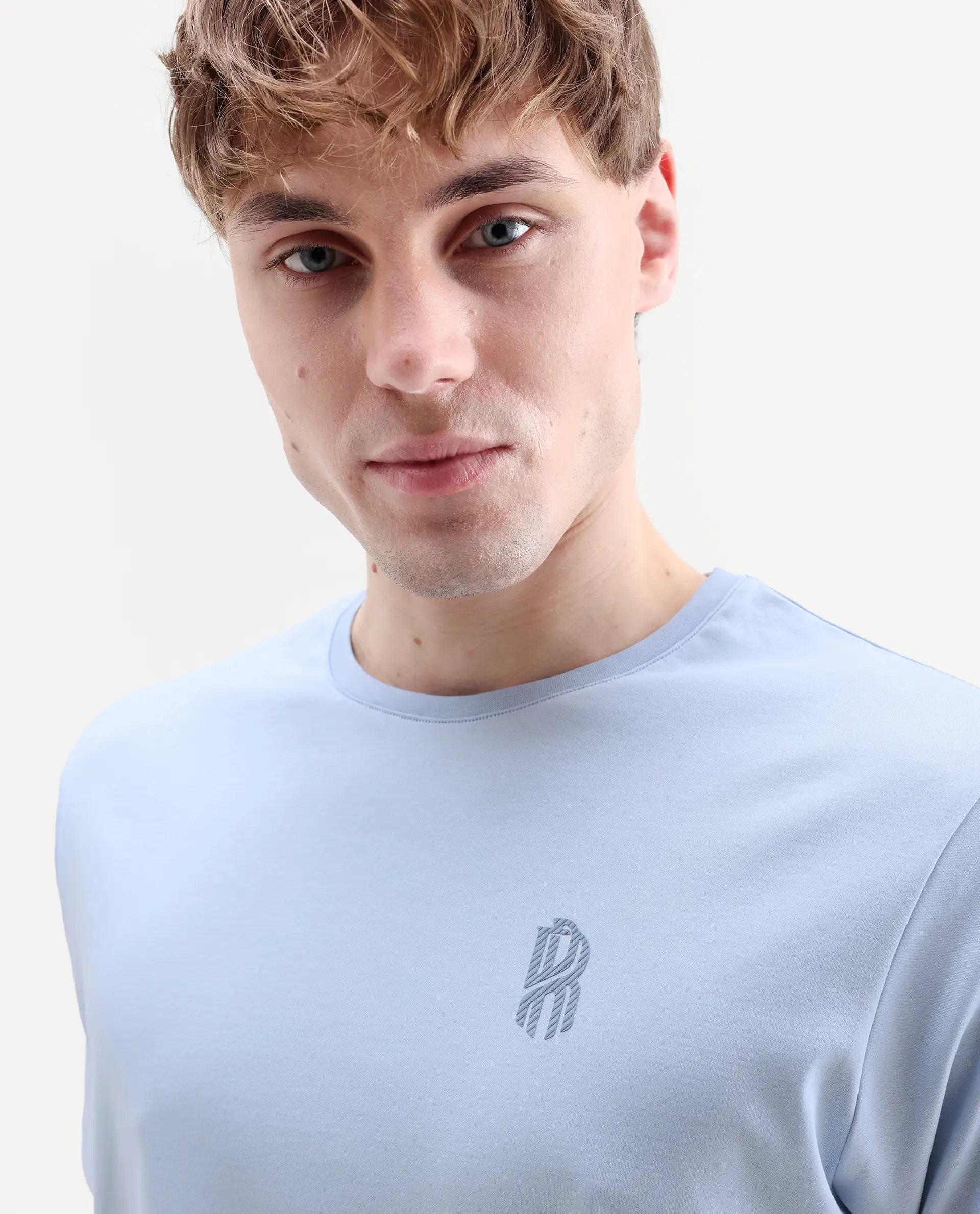 Rare Rabbit Men's Zenim Pastel Blue Cotton Fabric Half Sleeve Crew Neck Regular Fit Plain T-Shirt - Image 3