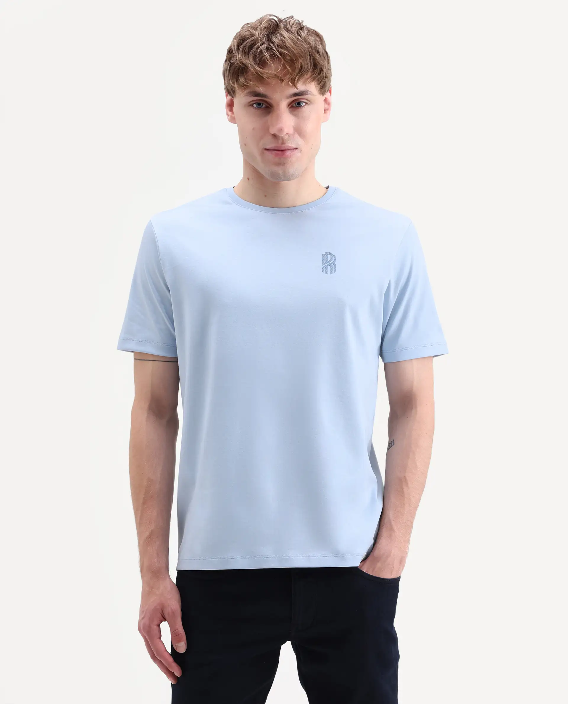 Rare Rabbit Men's Zenim Pastel Blue Cotton Fabric Half Sleeve Crew Neck Regular Fit Plain T-Shirt - Image 4