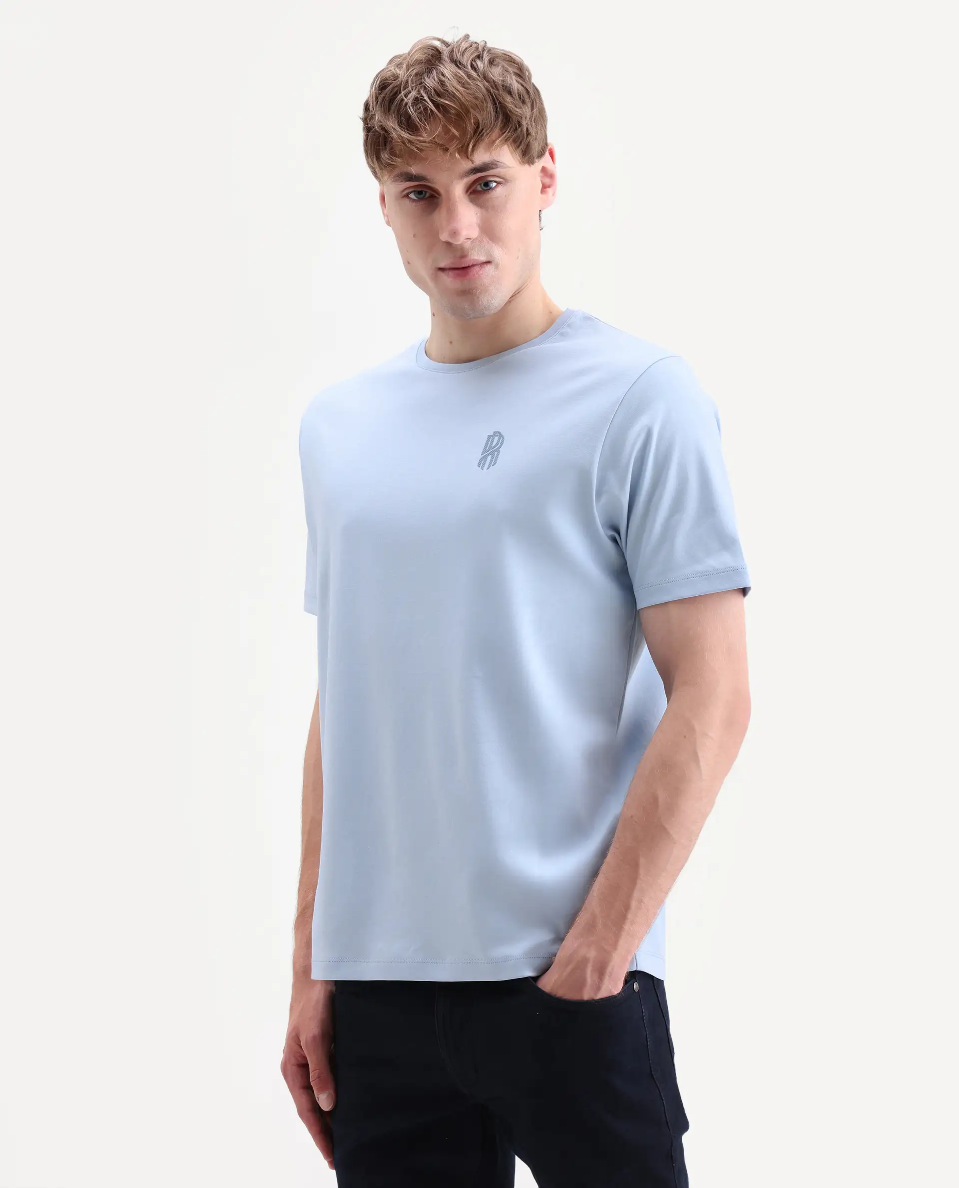 Rare Rabbit Men's Zenim Pastel Blue Cotton Fabric Half Sleeve Crew Neck Regular Fit Plain T-Shirt - Image 5