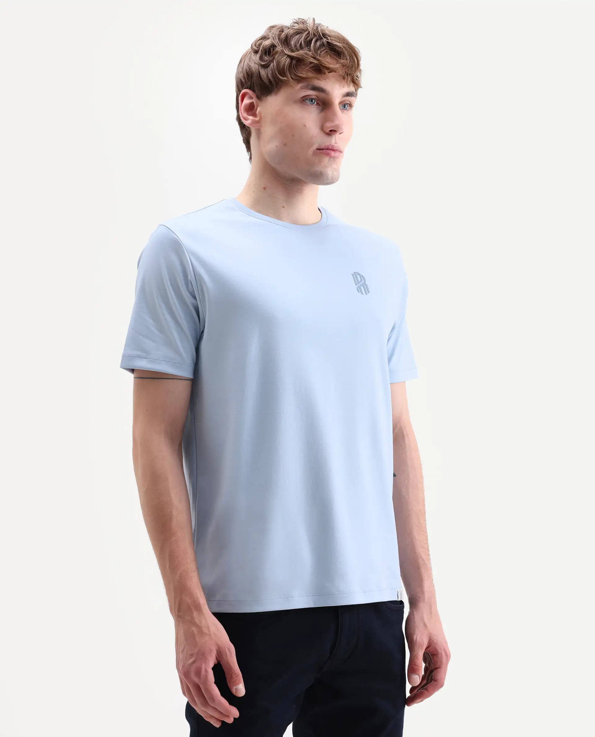 Rare Rabbit Men's Zenim Pastel Blue Cotton Fabric Half Sleeve Crew Neck Regular Fit Plain T-Shirt - Image 6