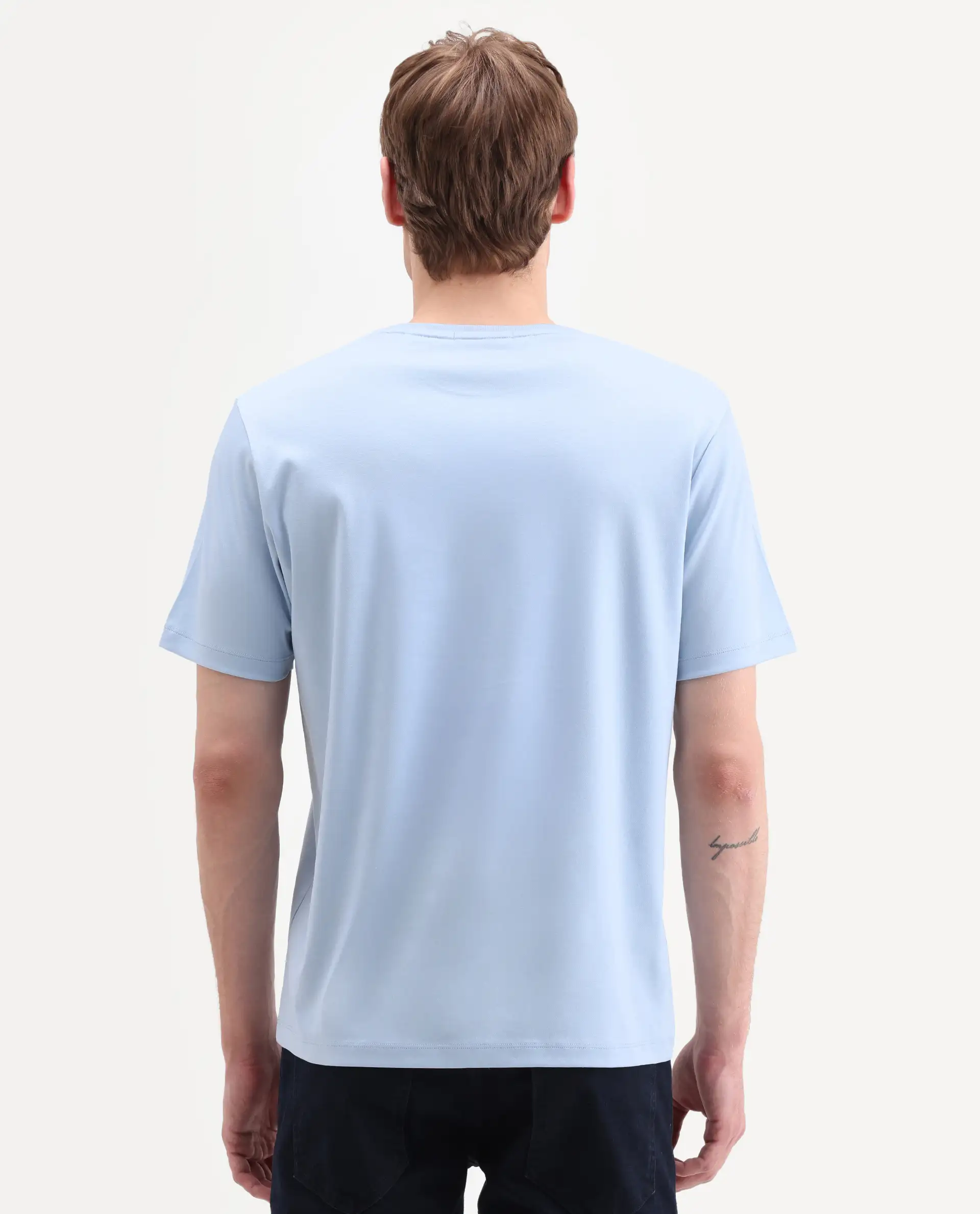 Rare Rabbit Men's Zenim Pastel Blue Cotton Fabric Half Sleeve Crew Neck Regular Fit Plain T-Shirt - Image 7