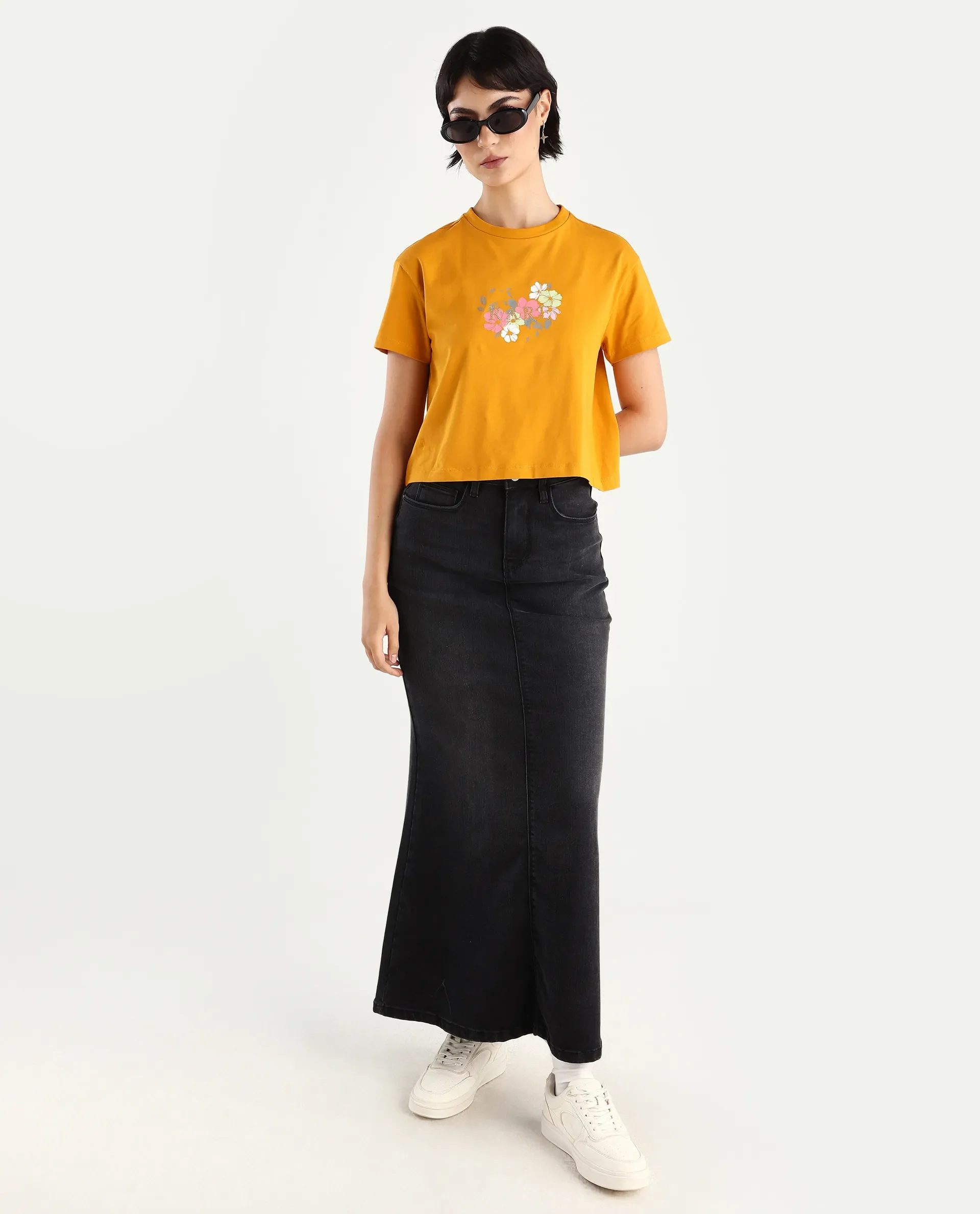 Rareism Women's Zenith Dark Mustard Cotton Blend Crew Neck Graphic Print Crop Relaxed Fit T-Shirt - Image 2