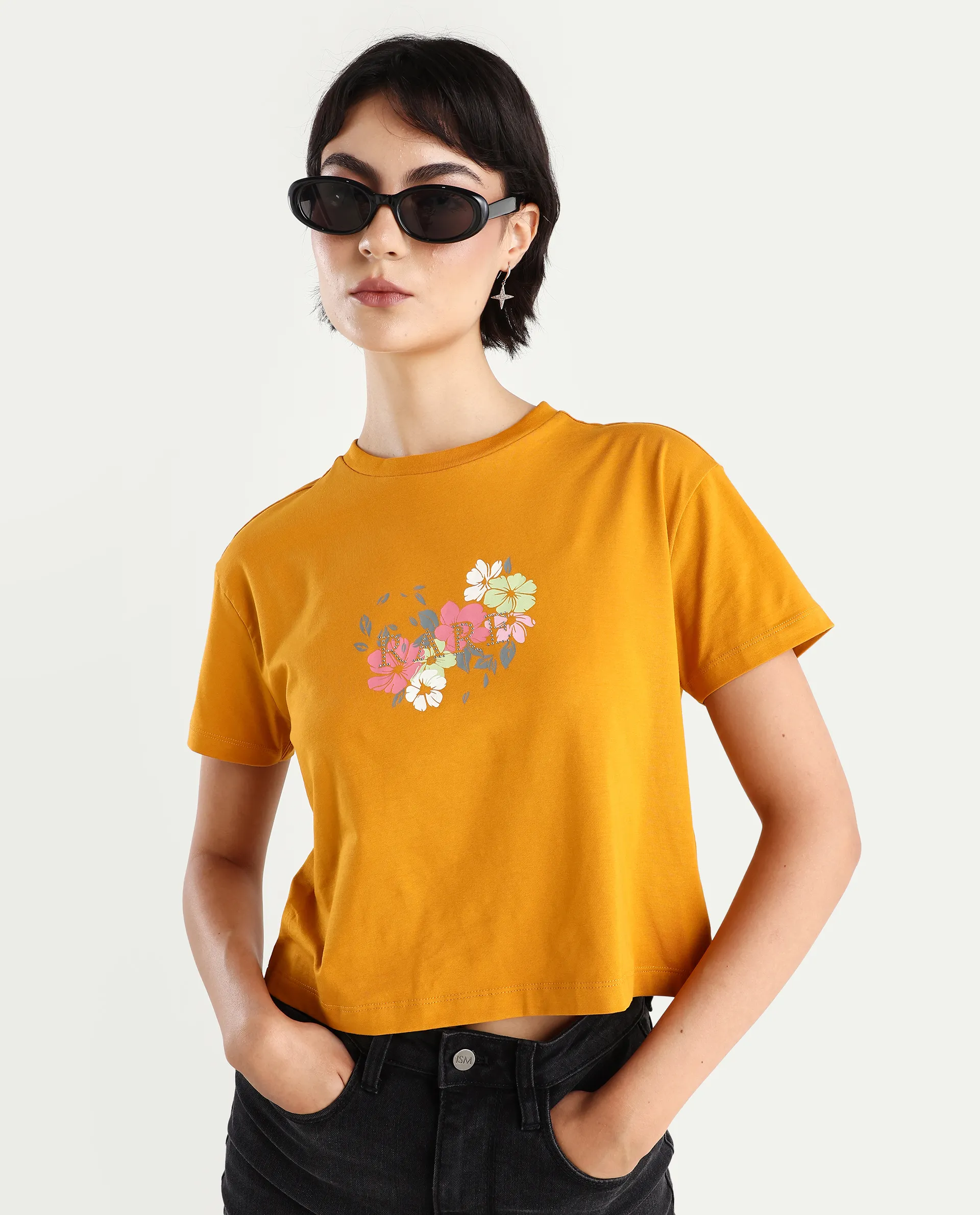 Rareism Women's Zenith Dark Mustard Cotton Blend Crew Neck Graphic Print Crop Relaxed Fit T-Shirt - Image 3