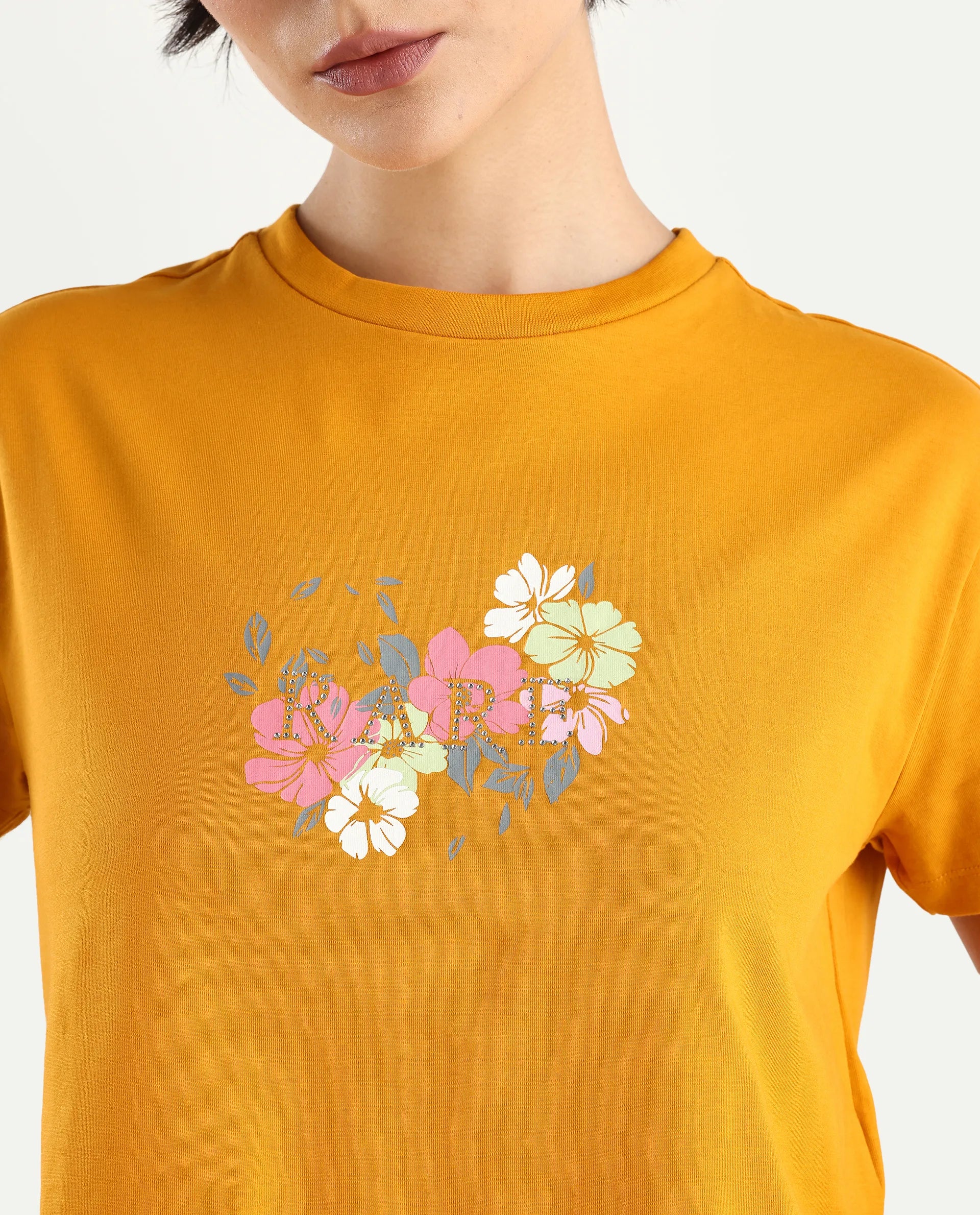 Rareism Women's Zenith Dark Mustard Cotton Blend Crew Neck Graphic Print Crop Relaxed Fit T-Shirt - Image 4