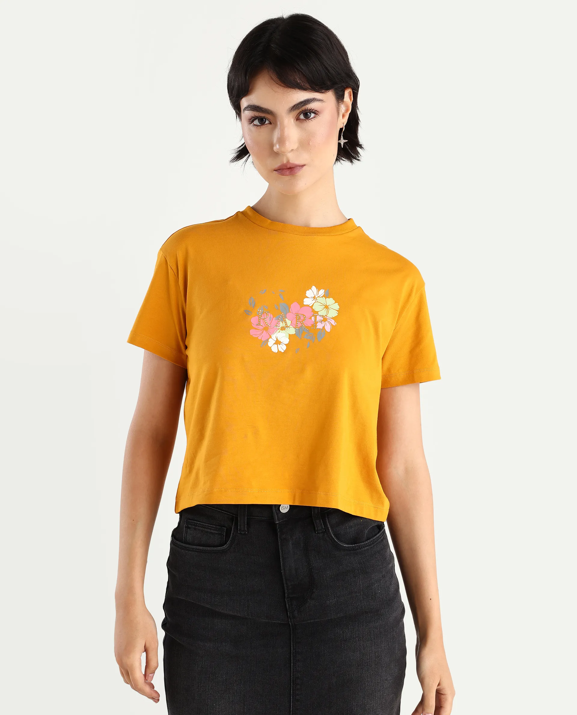 Rareism Women's Zenith Dark Mustard Cotton Blend Crew Neck Graphic Print Crop Relaxed Fit T-Shirt - Image 5