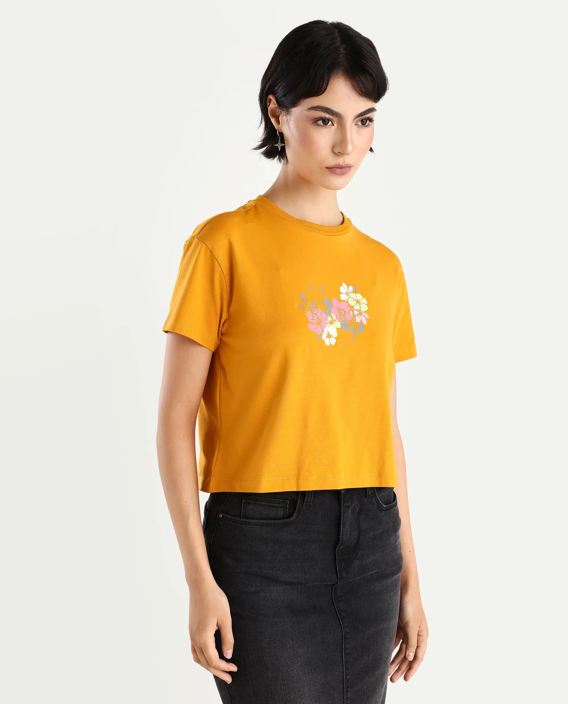 Rareism Women's Zenith Dark Mustard Cotton Blend Crew Neck Graphic Print Crop Relaxed Fit T-Shirt - Image 6