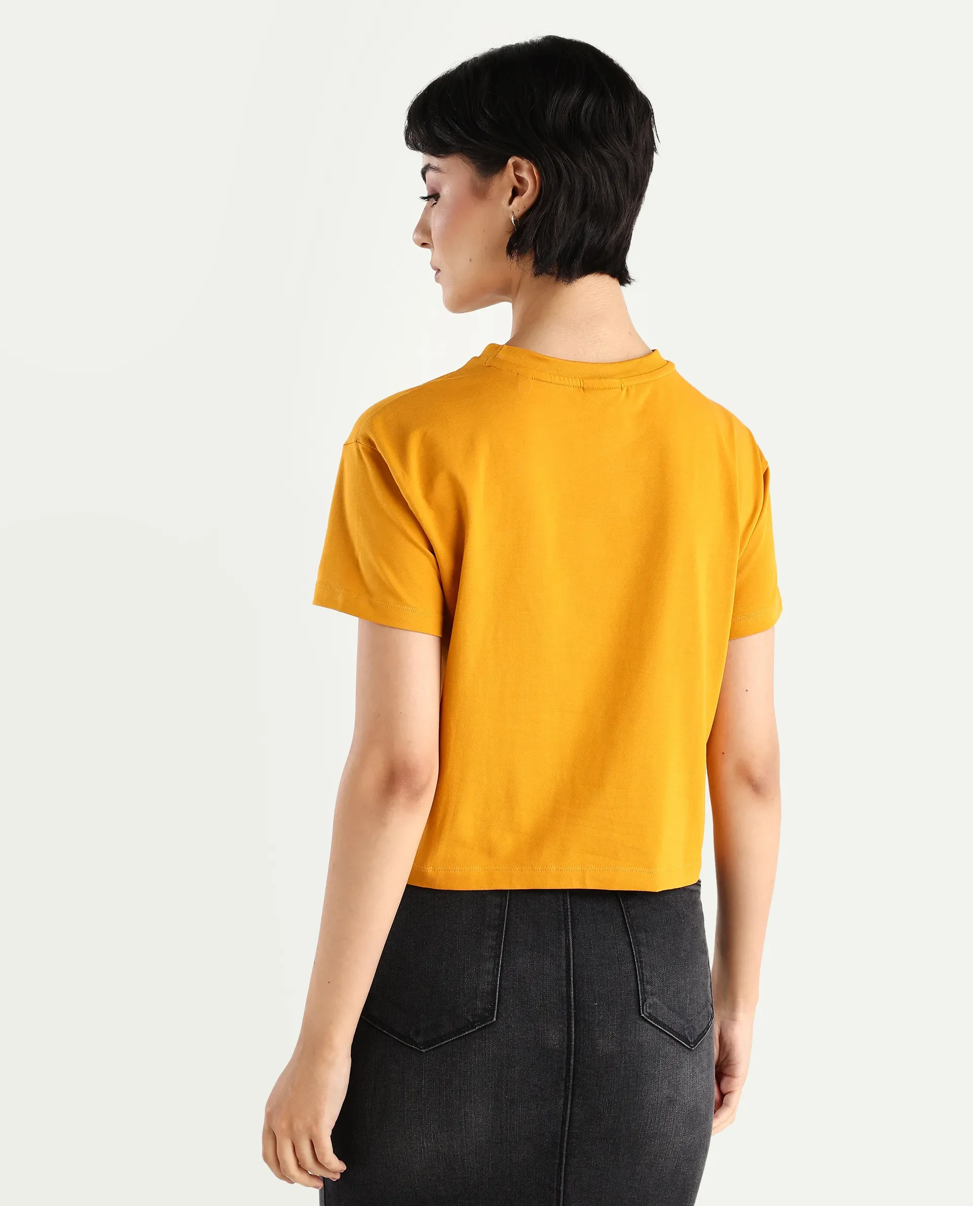Rareism Women's Zenith Dark Mustard Cotton Blend Crew Neck Graphic Print Crop Relaxed Fit T-Shirt - Image 7