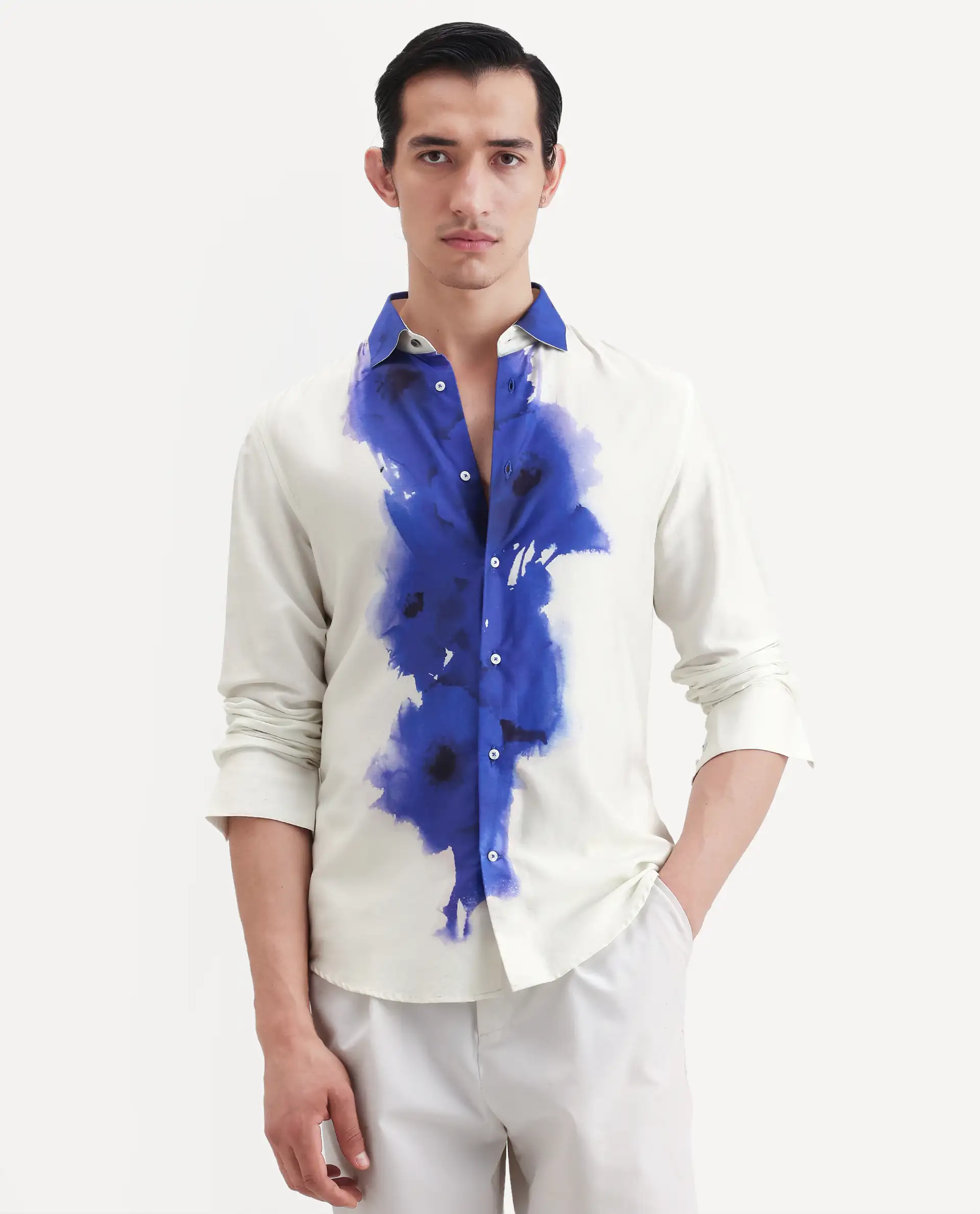 Rare Rabbit Men's Zeno Off White Cotton Blend Floral Print Regular Fit Full Sleeve Collared Shirt - Image 3