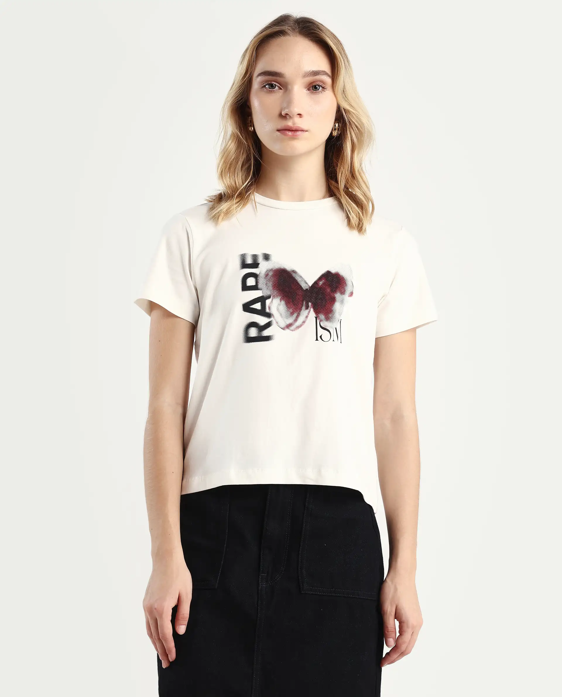 Rareism Women's Zenon Off White Cotton Blend Crew Neck Graphic Print Regular Fit T-Shirt - Image 3