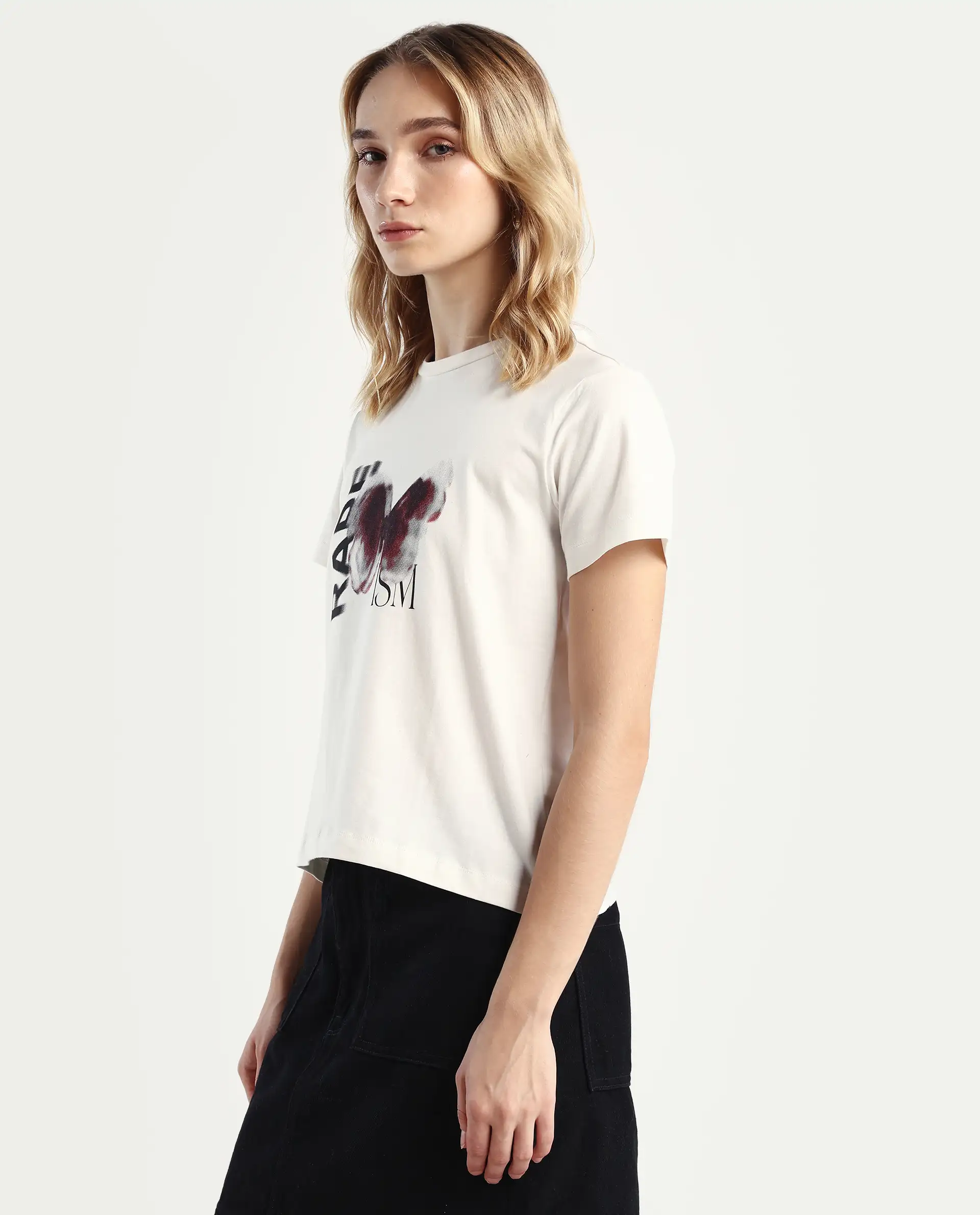 Rareism Women's Zenon Off White Cotton Blend Crew Neck Graphic Print Regular Fit T-Shirt - Image 5