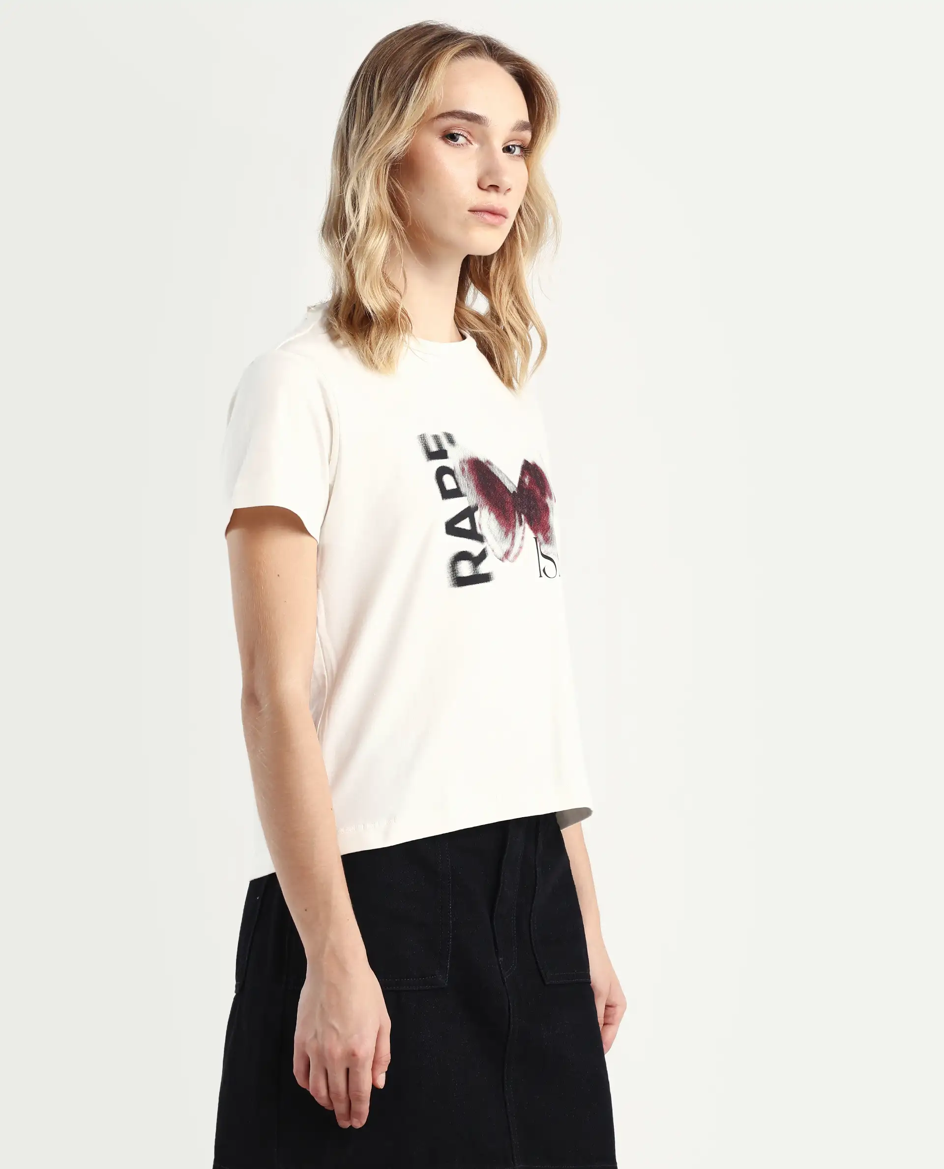 Rareism Women's Zenon Off White Cotton Blend Crew Neck Graphic Print Regular Fit T-Shirt - Image 6