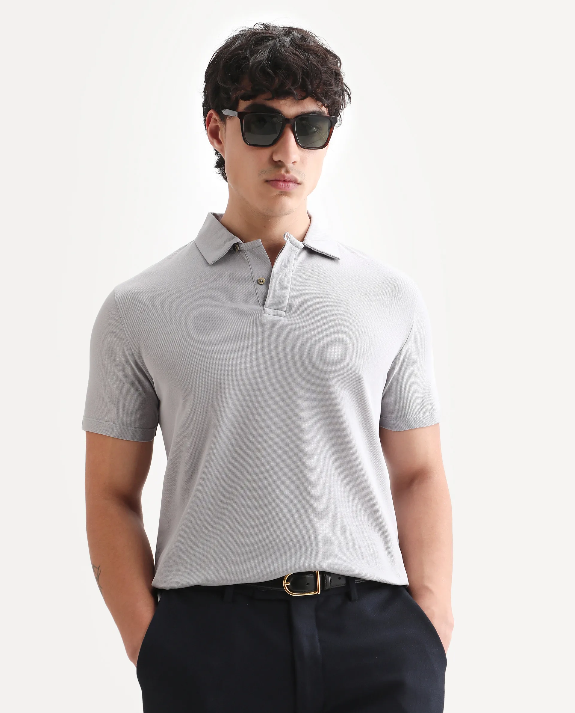 Rare Rabbit Men's Zeny Grey Cotton Plain Regular Fit Half Sleeve Polo