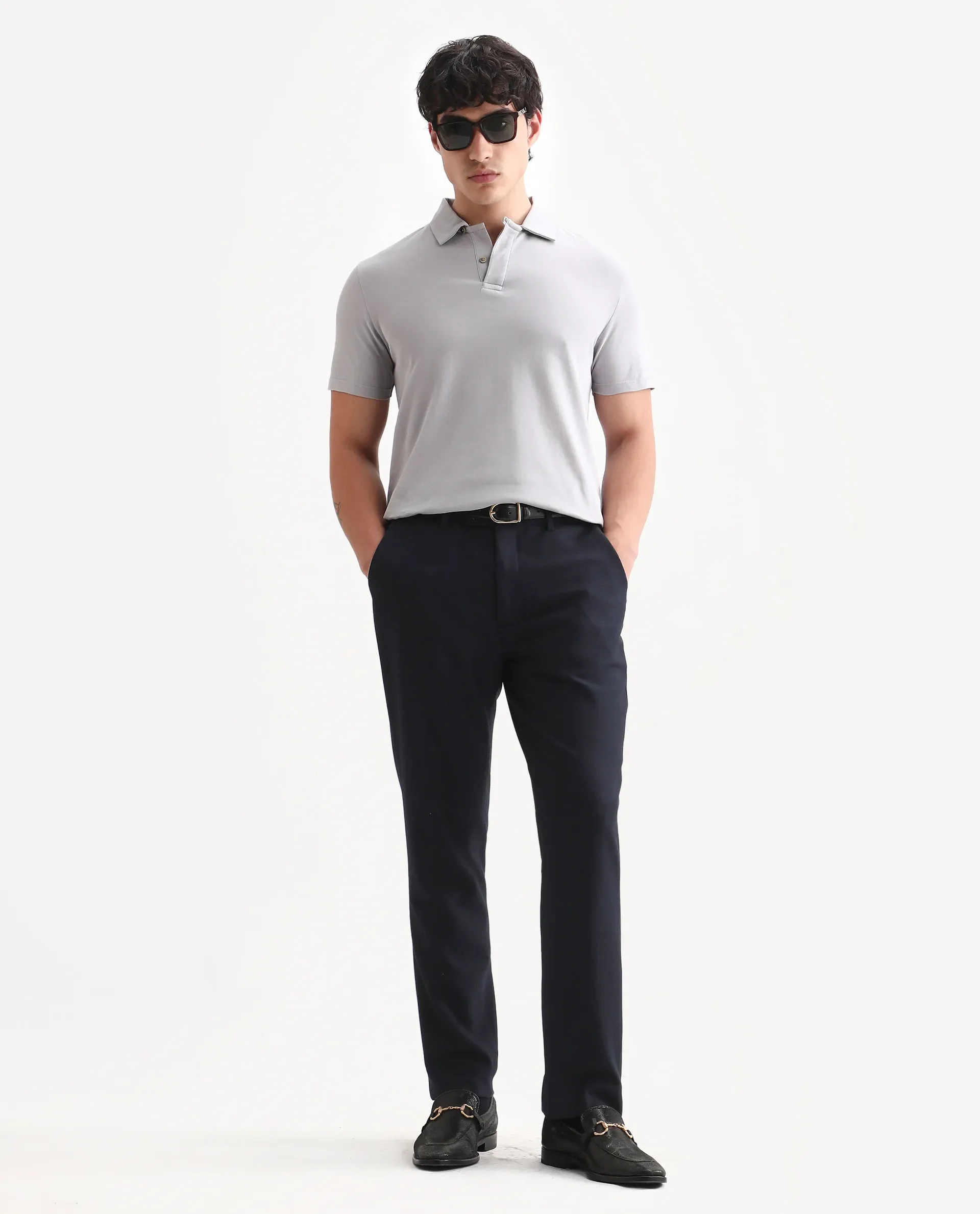 Rare Rabbit Men's Zeny Grey Cotton Plain Regular Fit Half Sleeve Polo - Image 2