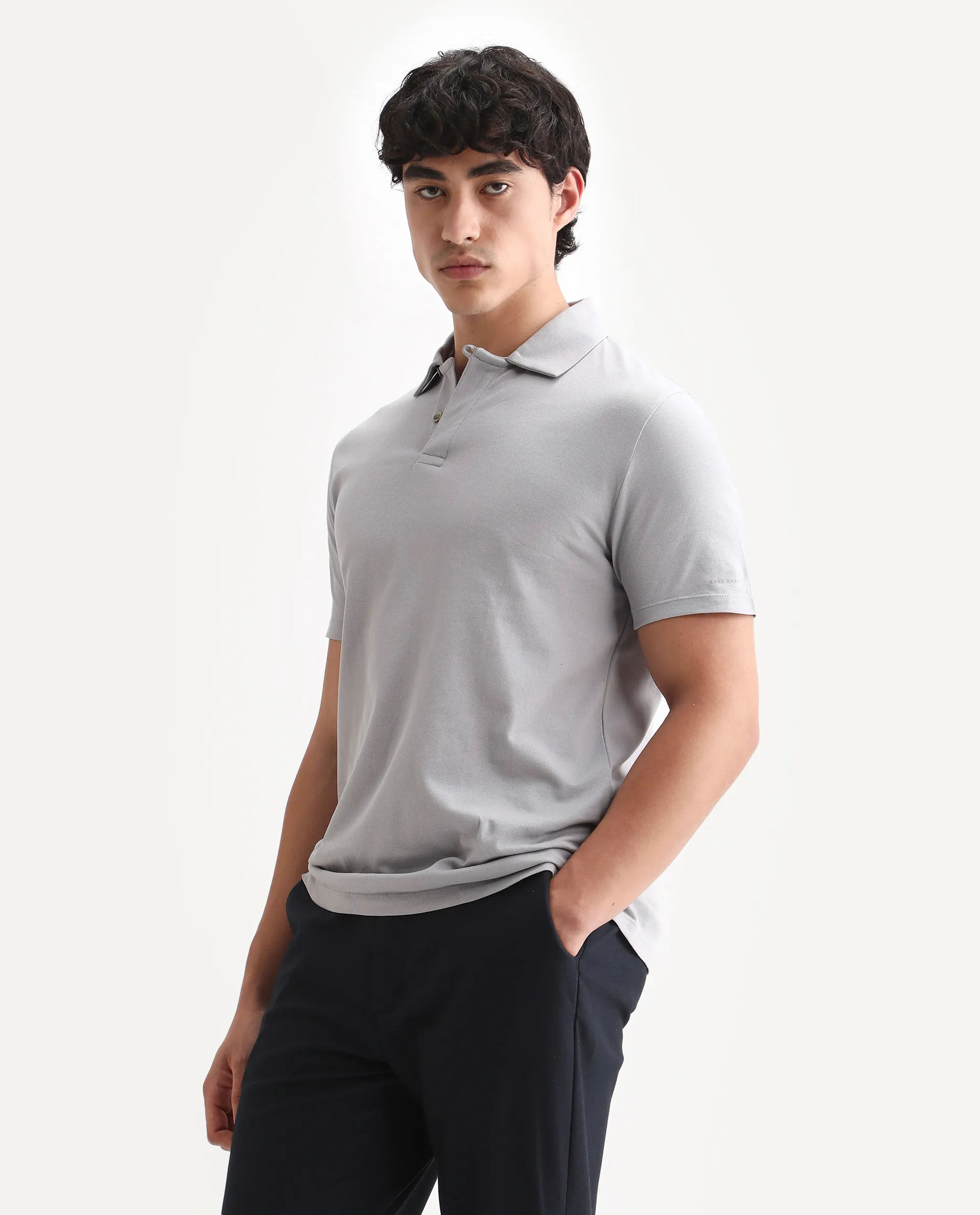 Rare Rabbit Men's Zeny Grey Cotton Plain Regular Fit Half Sleeve Polo - Image 4