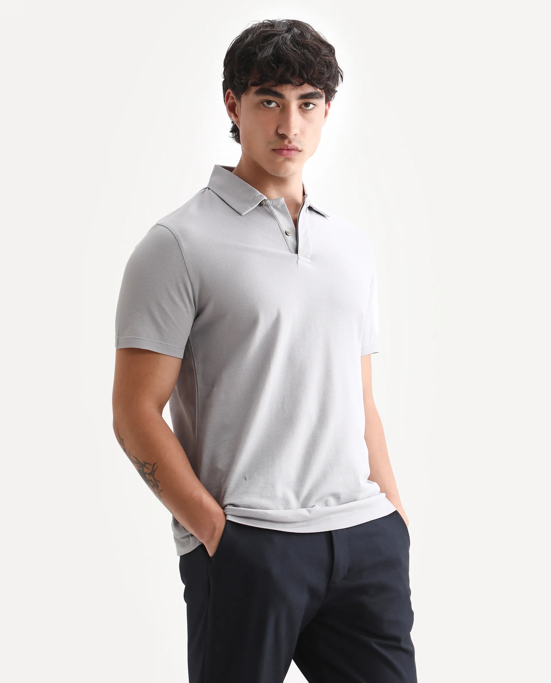 Rare Rabbit Men's Zeny Grey Cotton Plain Regular Fit Half Sleeve Polo - Image 5