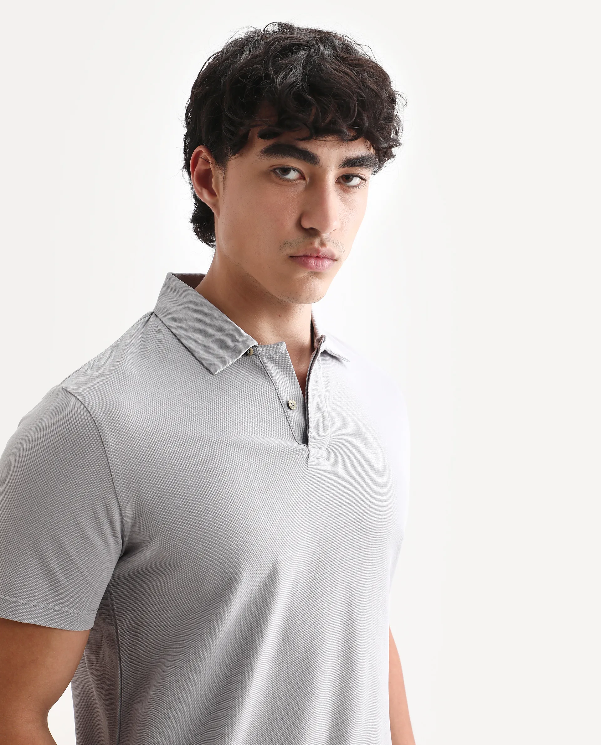 Rare Rabbit Men's Zeny Grey Cotton Plain Regular Fit Half Sleeve Polo - Image 6