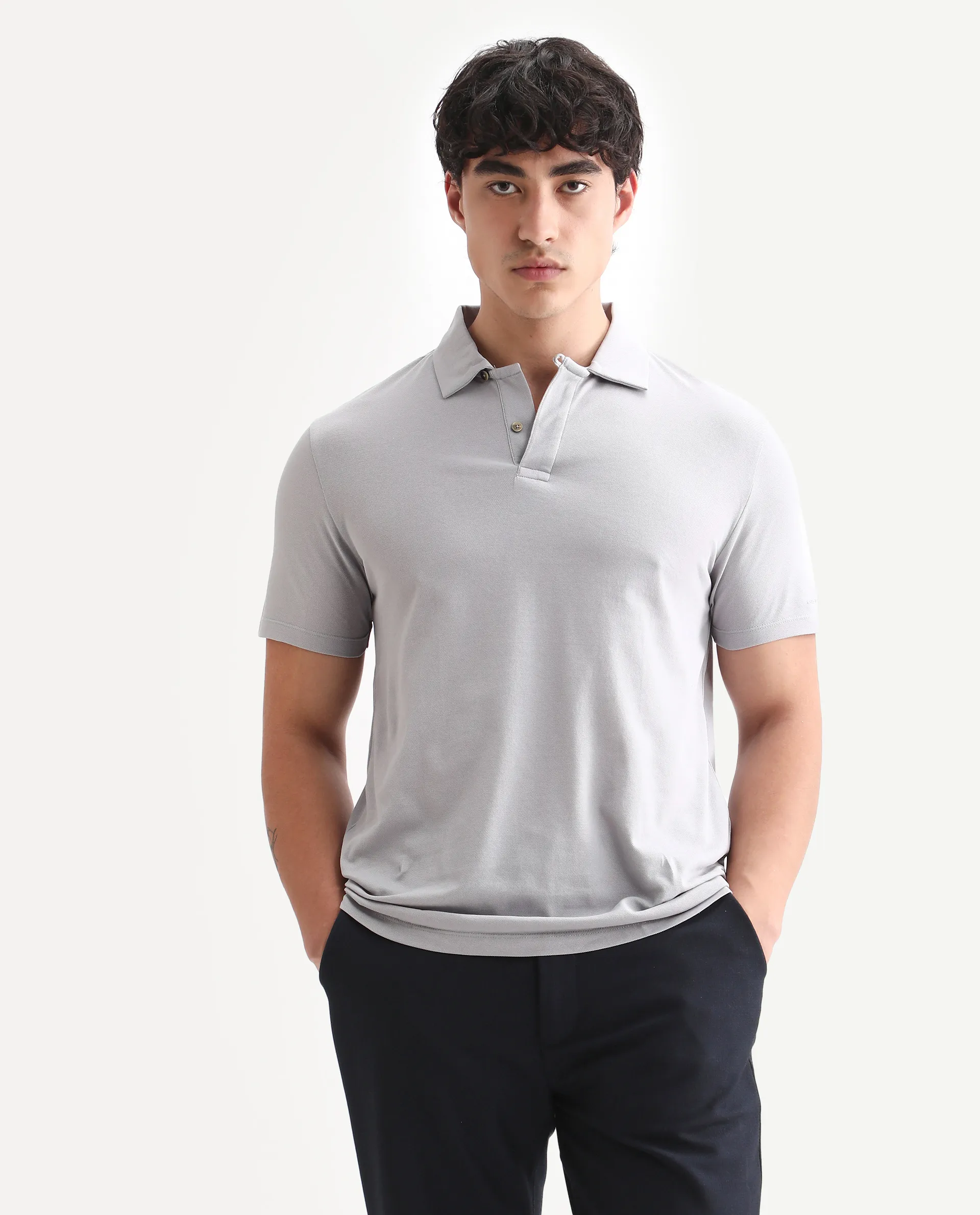 Rare Rabbit Men's Zeny Grey Cotton Plain Regular Fit Half Sleeve Polo - Image 7