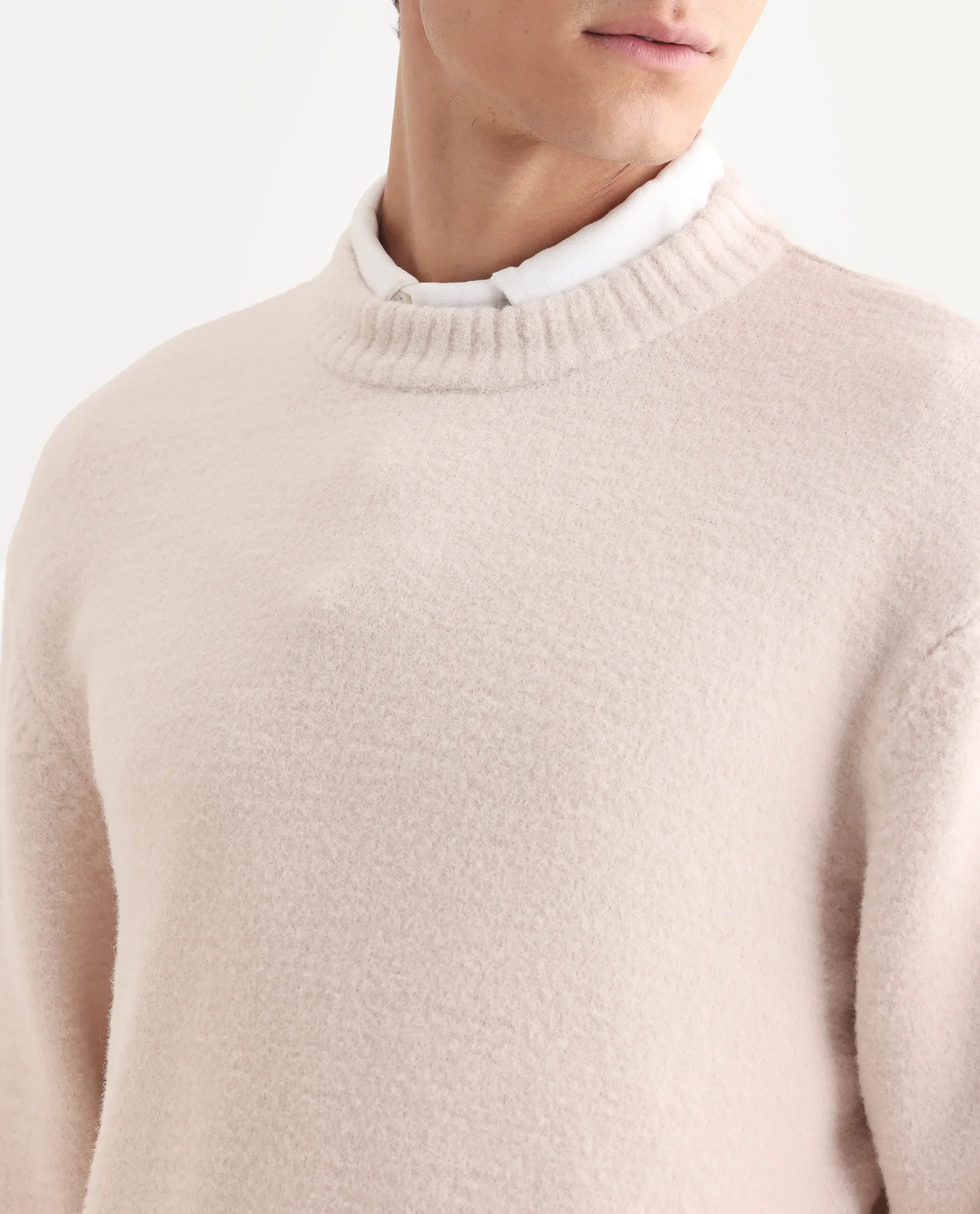 Rare Rabbit Men's Zeo-1 Beige Nylon Plain Regular Fit Full Sleeve Crew Neck Sweater - Image 3