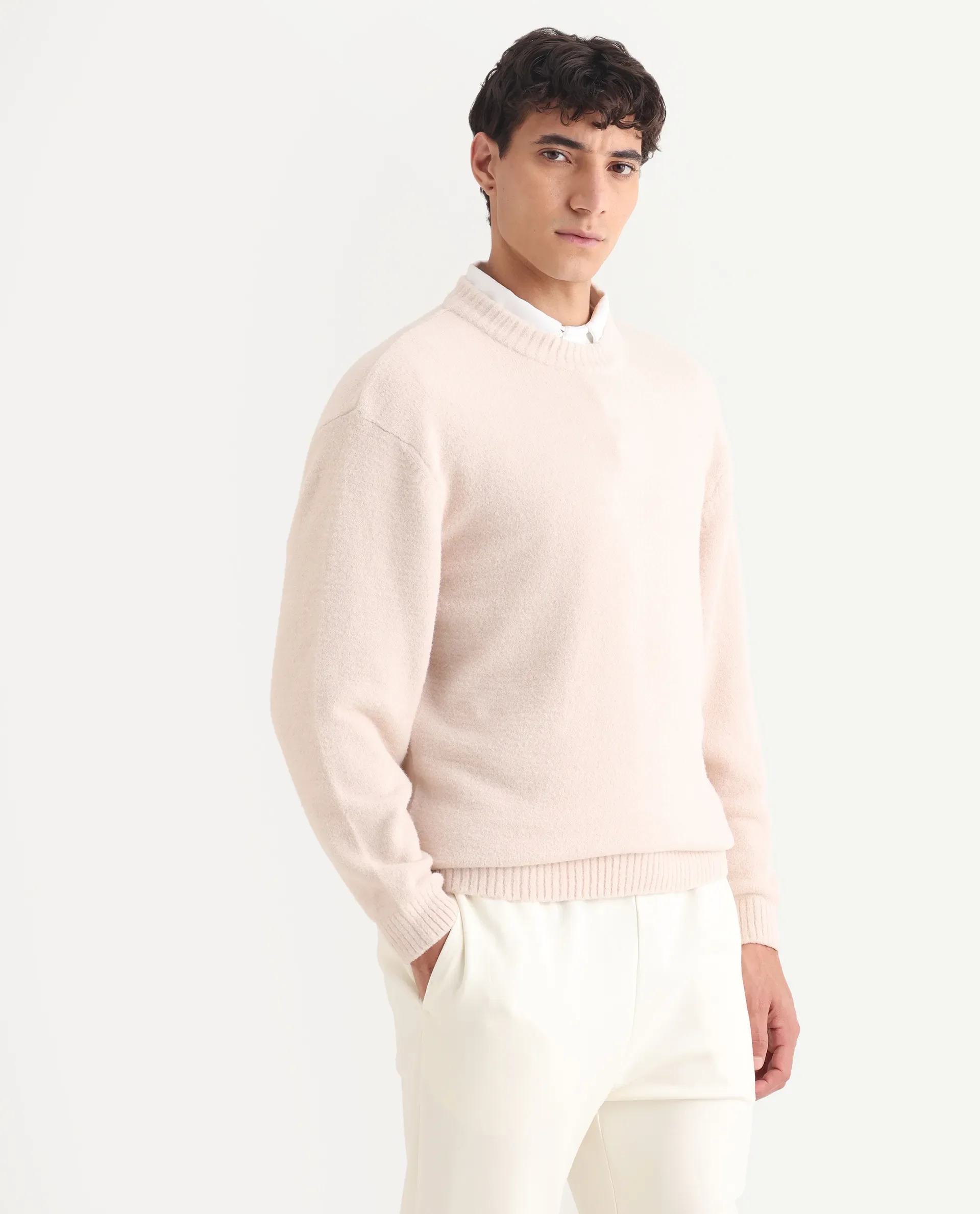 Rare Rabbit Men's Zeo-1 Beige Nylon Plain Regular Fit Full Sleeve Crew Neck Sweater - Image 5