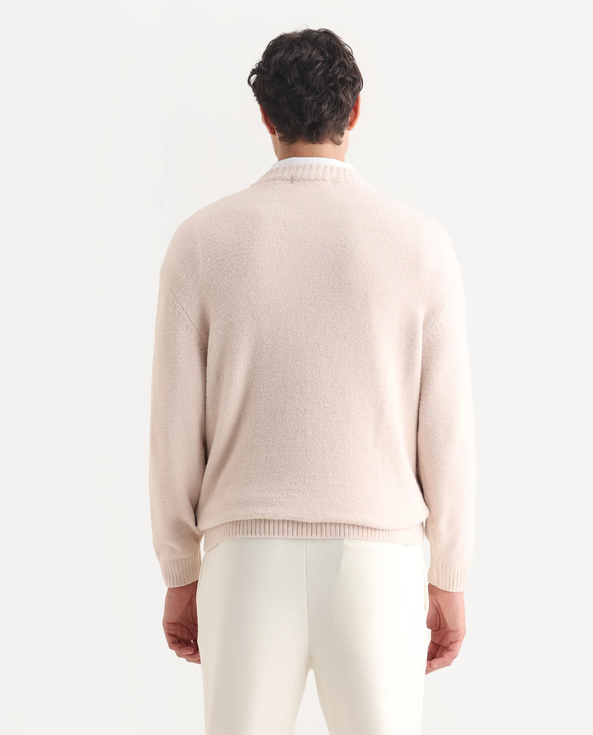 Rare Rabbit Men's Zeo-1 Beige Nylon Plain Regular Fit Full Sleeve Crew Neck Sweater - Image 6