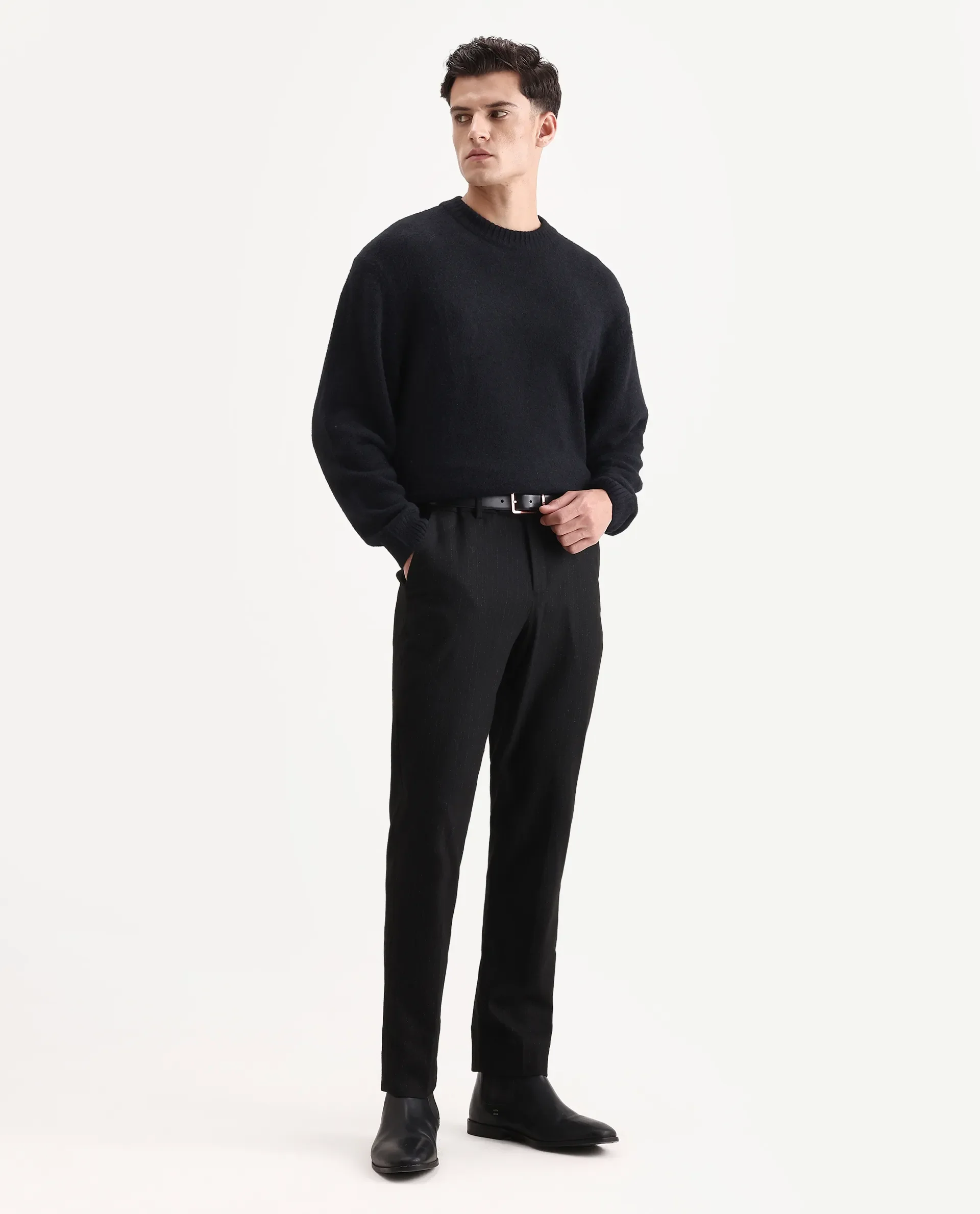 Rare Rabbit Men's Zeo-1 Black Nylon Plain Regular Fit Full Sleeve Crew Neck Sweater - Image 2
