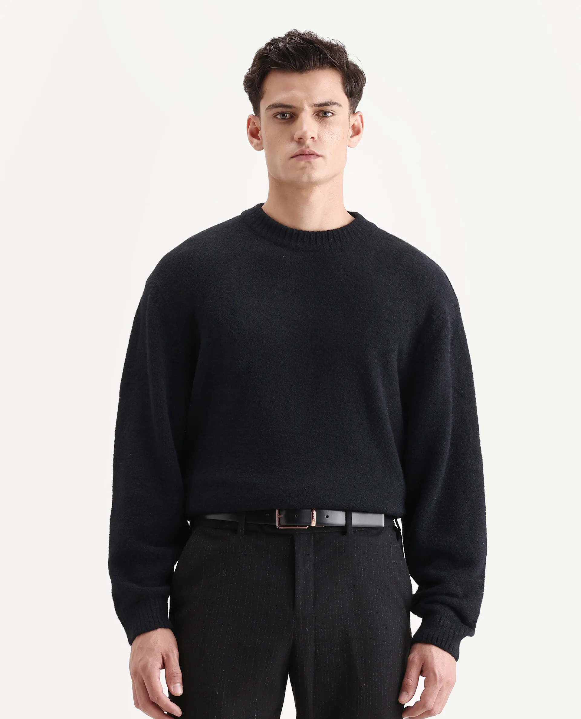 Rare Rabbit Men's Zeo-1 Black Nylon Plain Regular Fit Full Sleeve Crew Neck Sweater - Image 4