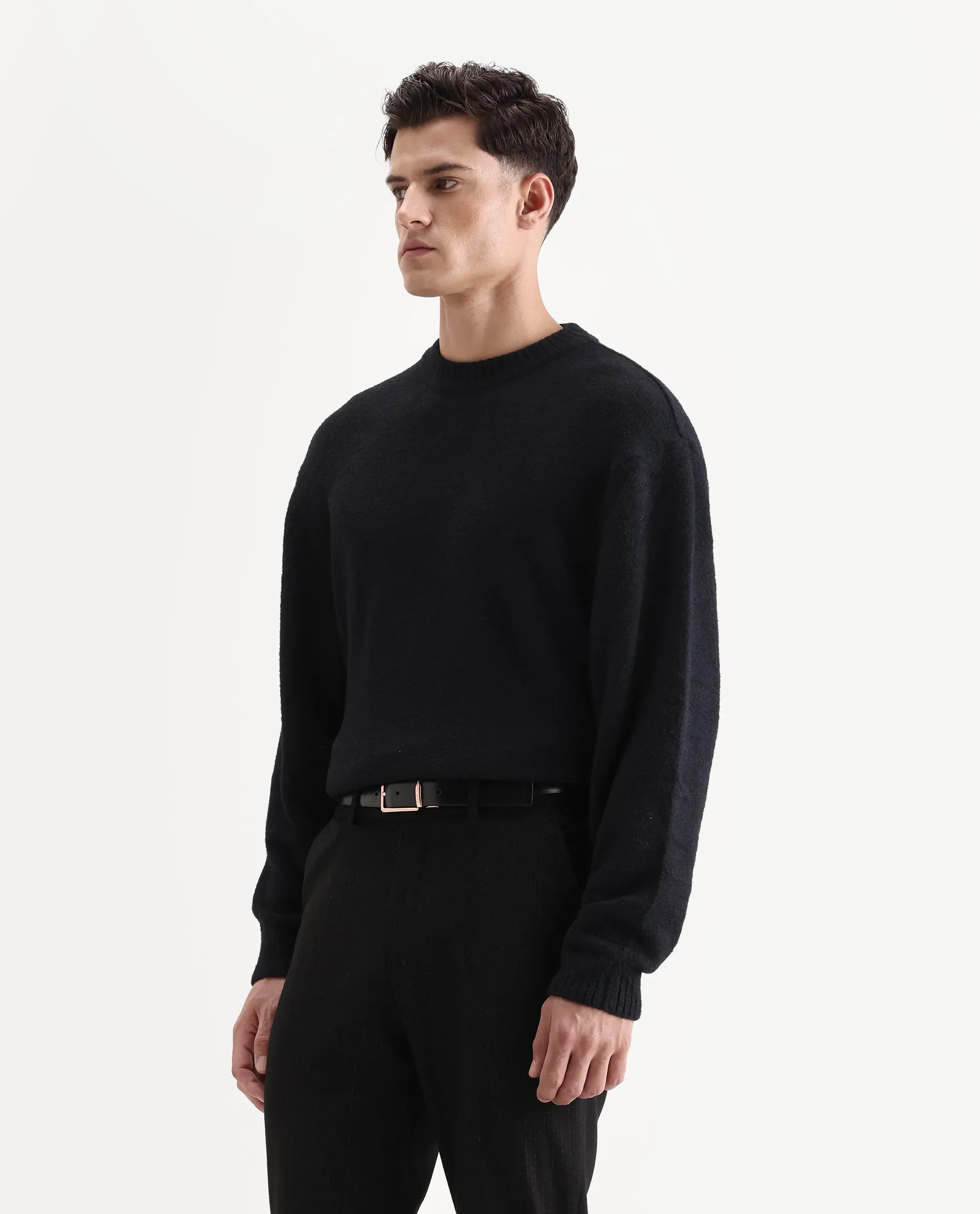 Rare Rabbit Men's Zeo-1 Black Nylon Plain Regular Fit Full Sleeve Crew Neck Sweater - Image 5