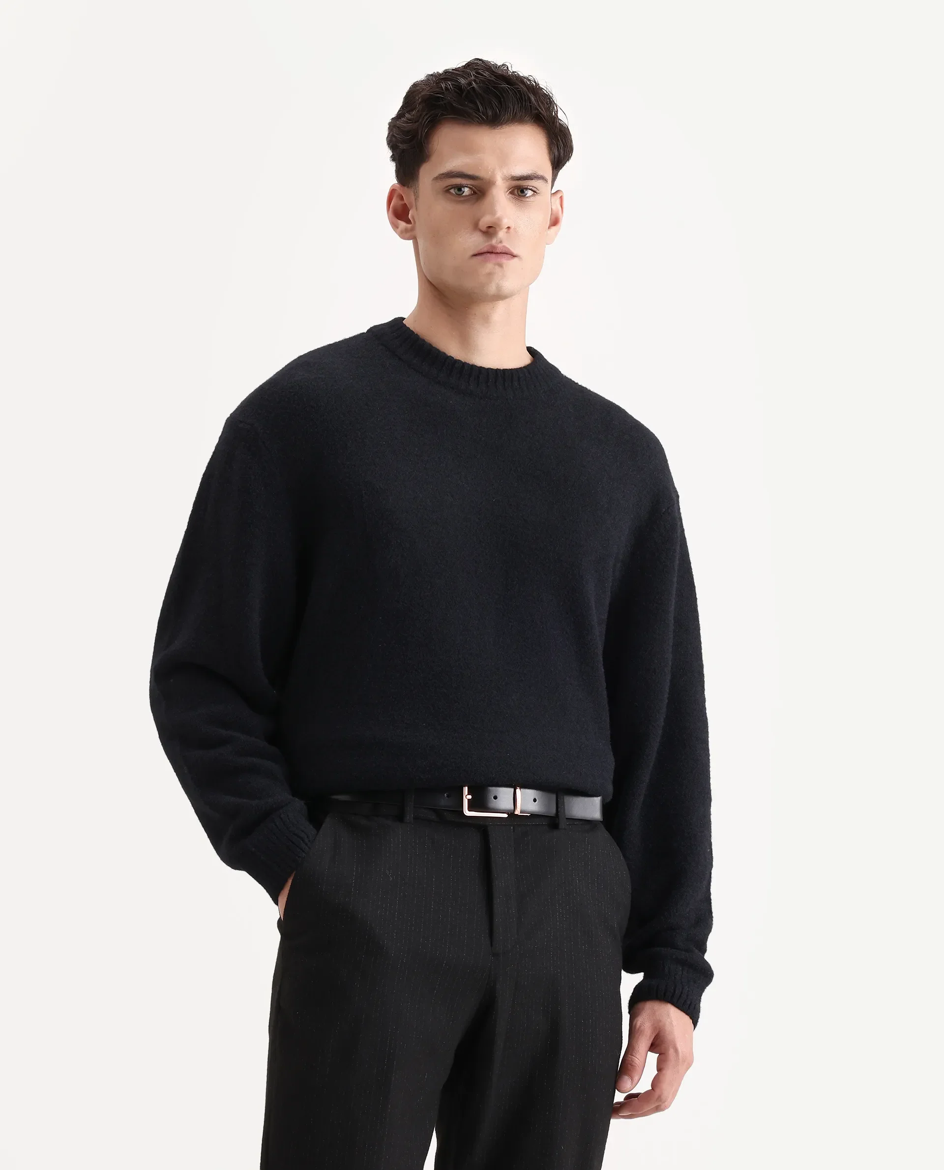 Rare Rabbit Men's Zeo-1 Black Nylon Plain Regular Fit Full Sleeve Crew Neck Sweater - Image 6