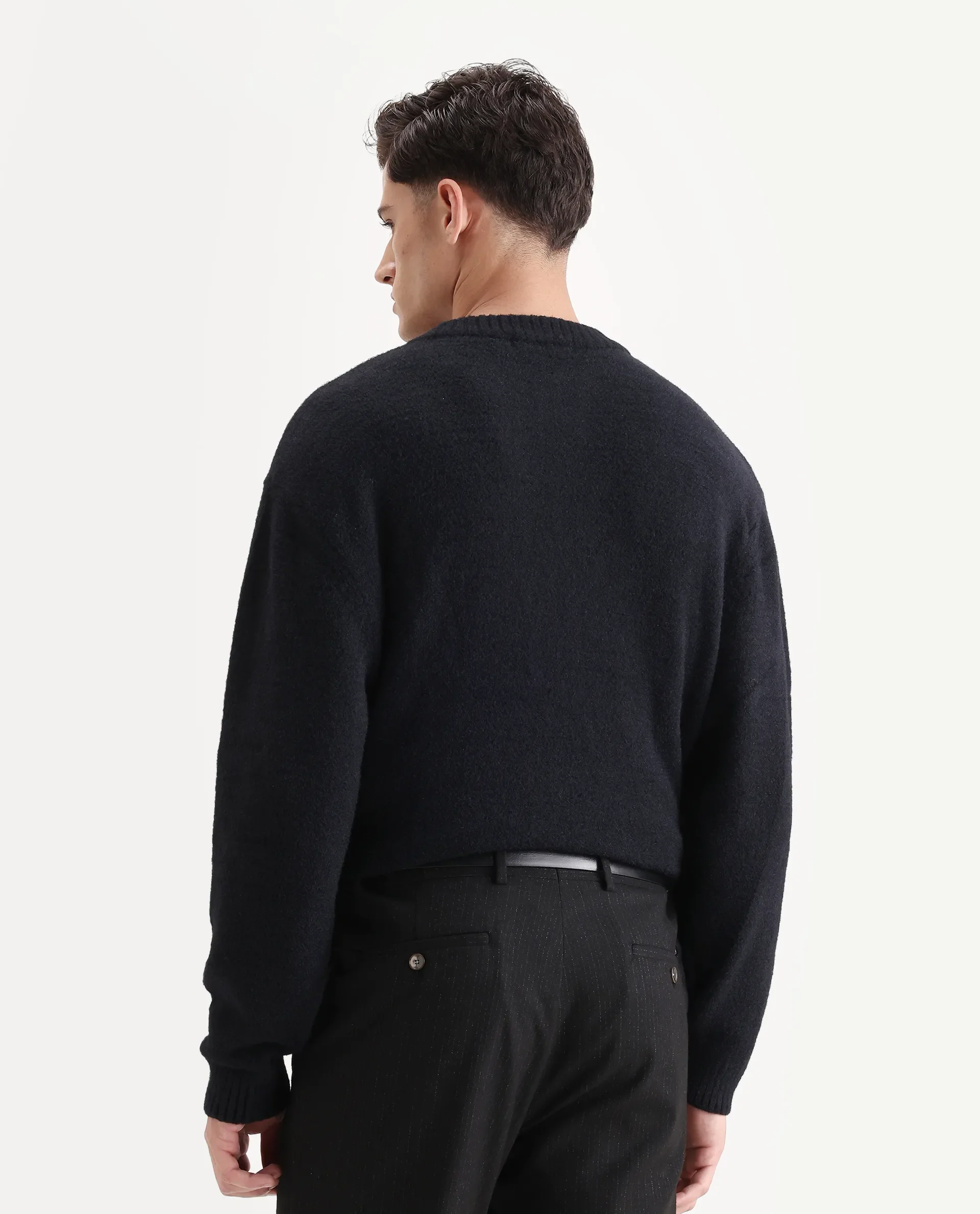 Rare Rabbit Men's Zeo-1 Black Nylon Plain Regular Fit Full Sleeve Crew Neck Sweater - Image 7