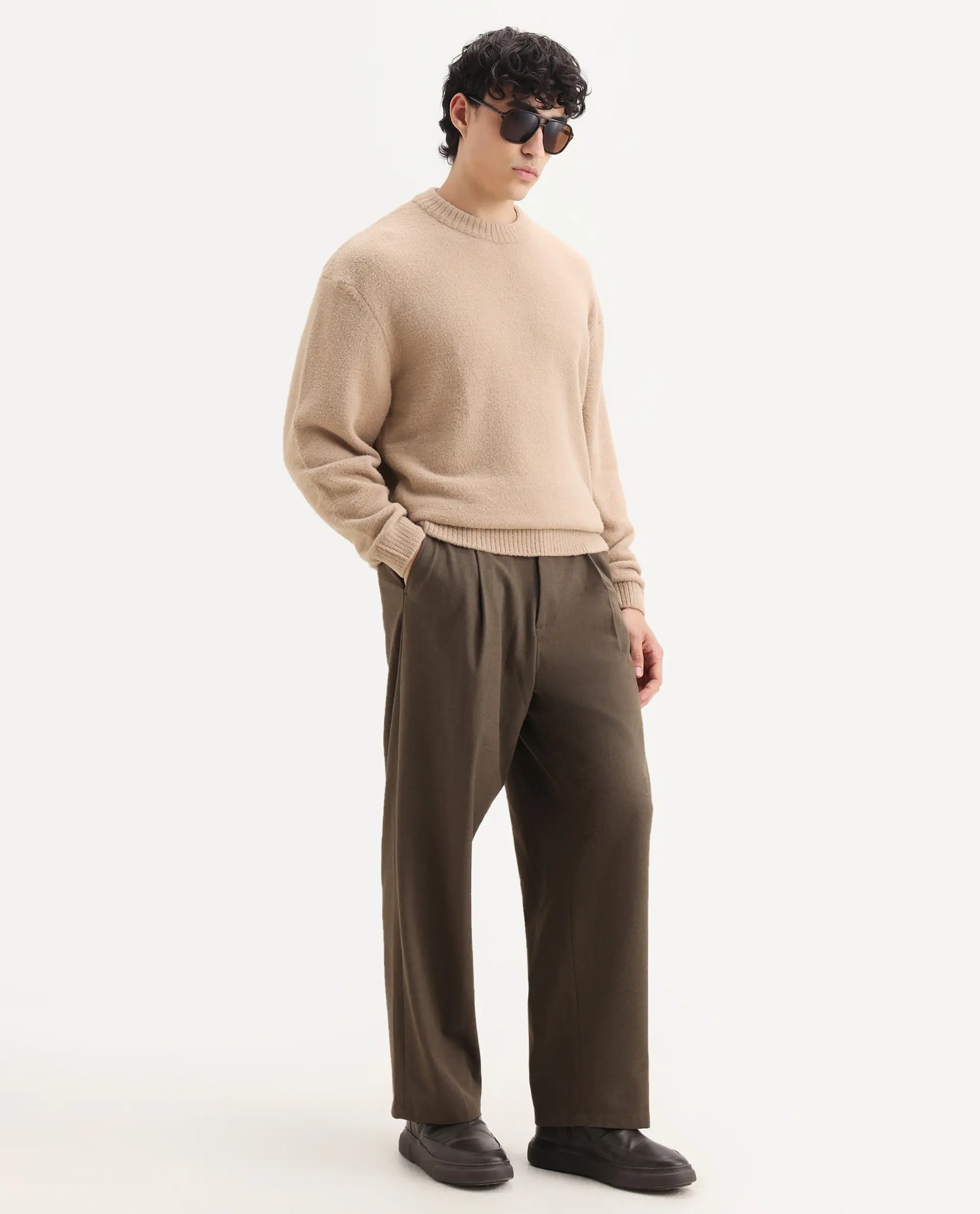 Rare Rabbit Men's Zeo-1 Dark Beige Nylon Plain Regular Fit Full Sleeve Crew Neck Sweater - Image 2