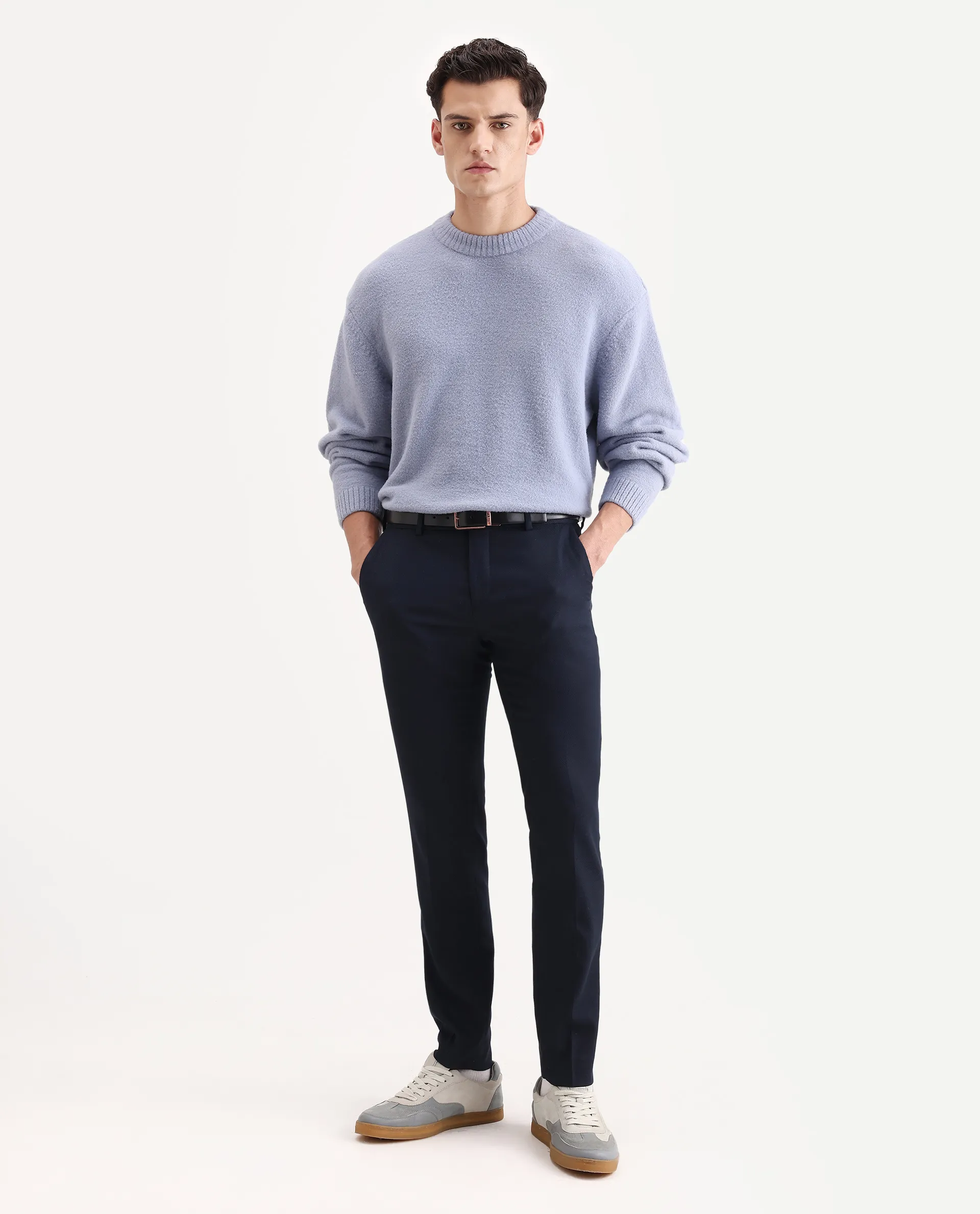 Rare Rabbit Men's Zeo 1 Light Grey Nylon Plain Regular Fit Full Sleeve Crew Neck Sweater - Image 2