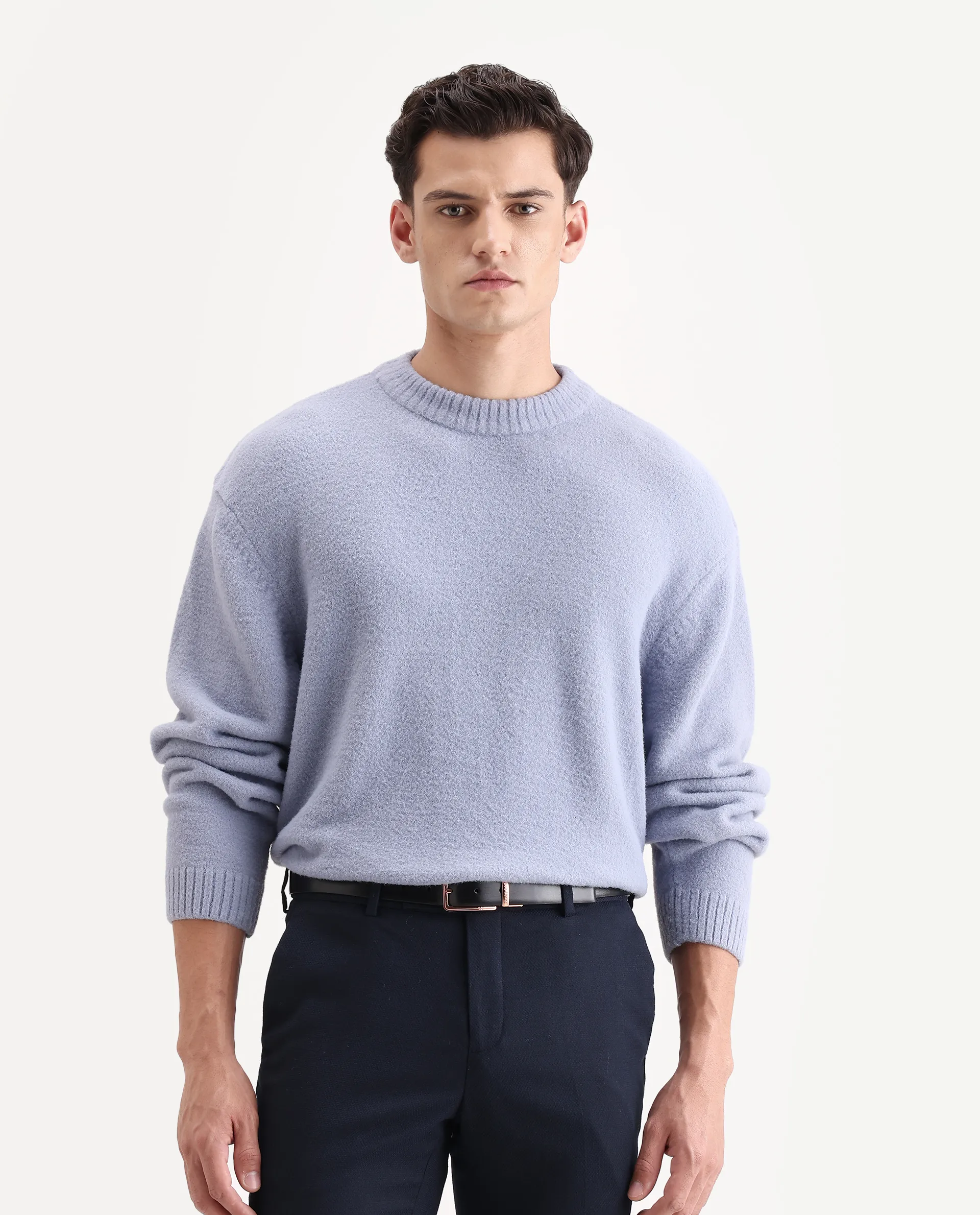 Rare Rabbit Men's Zeo 1 Light Grey Nylon Plain Regular Fit Full Sleeve Crew Neck Sweater - Image 4