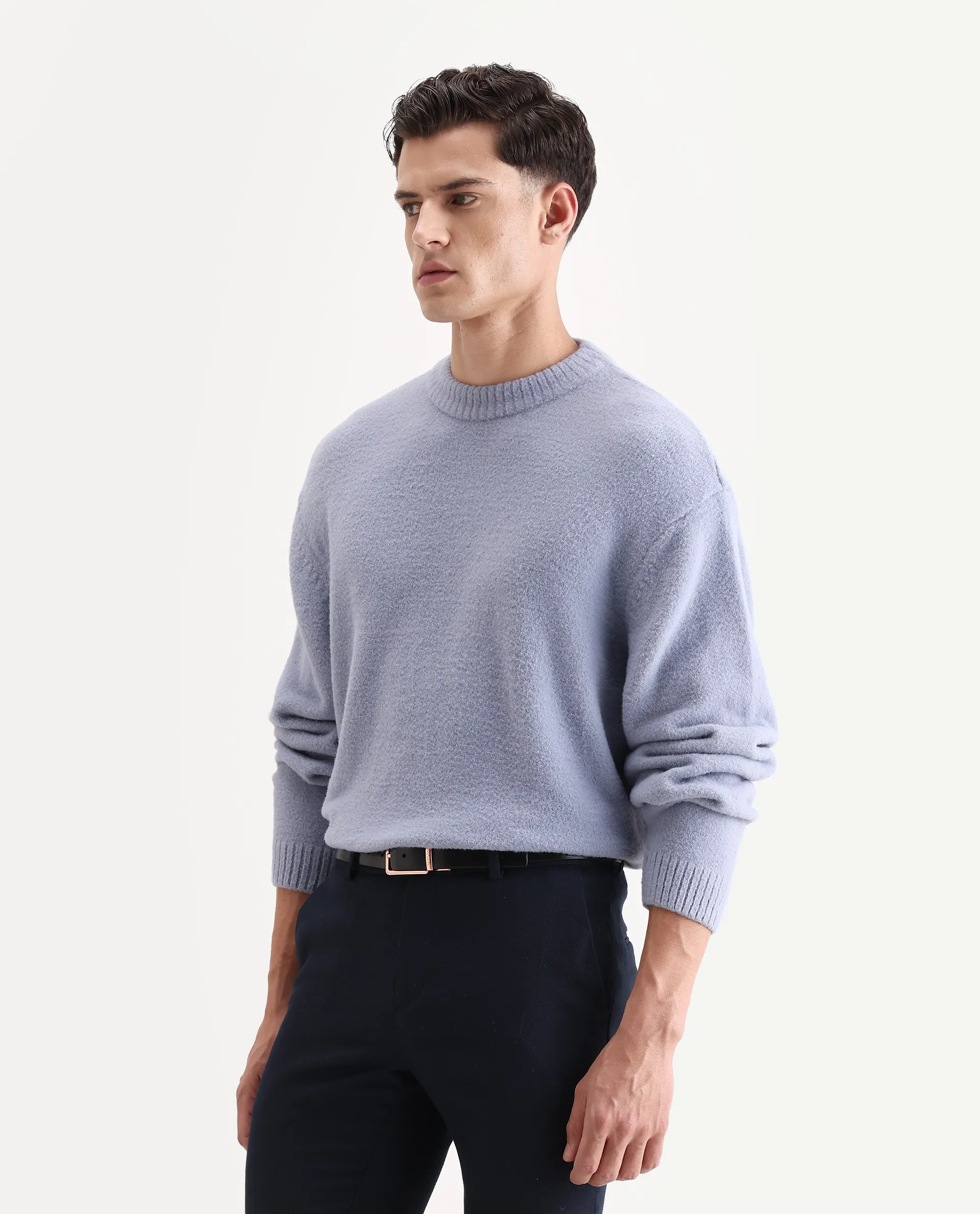 Rare Rabbit Men's Zeo 1 Light Grey Nylon Plain Regular Fit Full Sleeve Crew Neck Sweater - Image 5